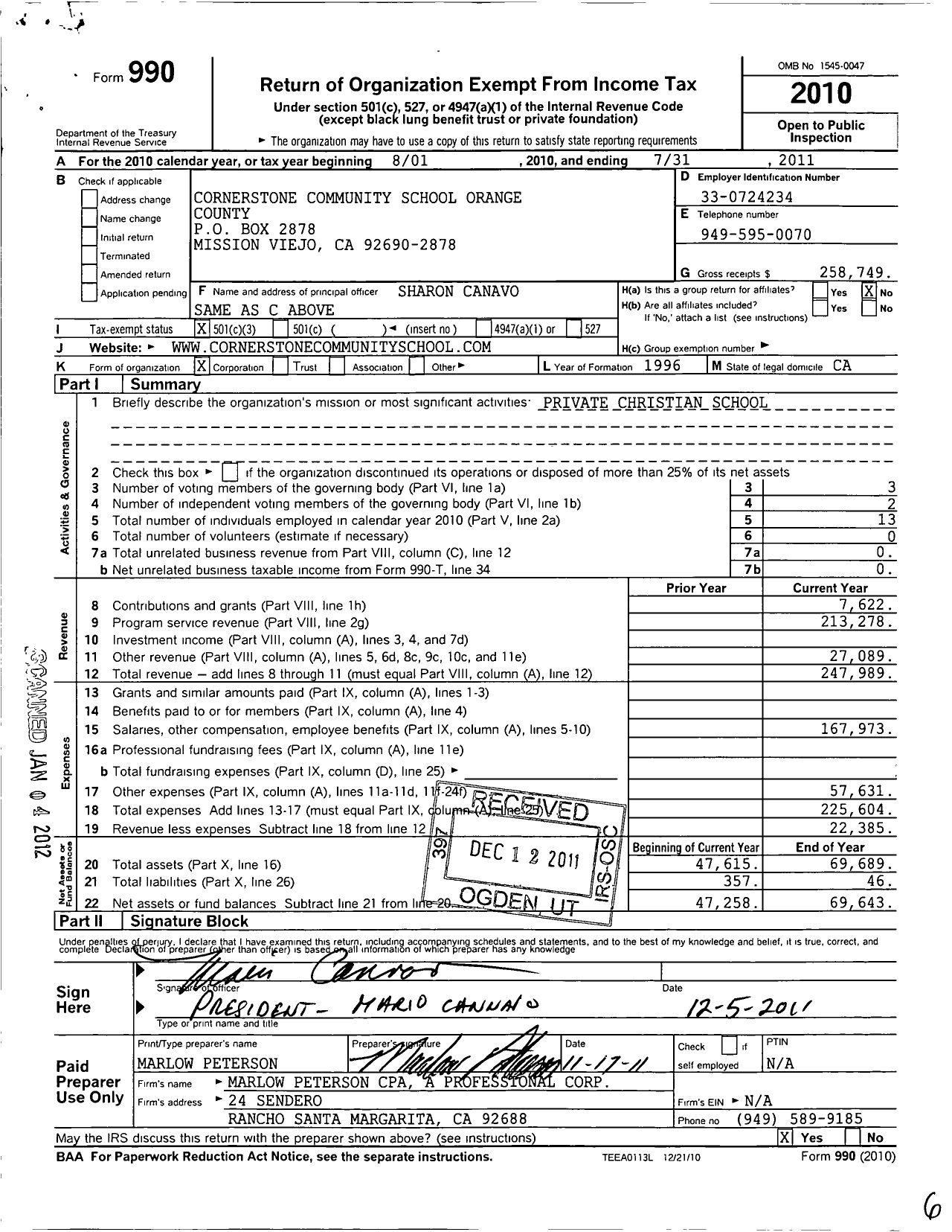 Image of first page of 2010 Form 990 for Cornerstone Community School Orange County