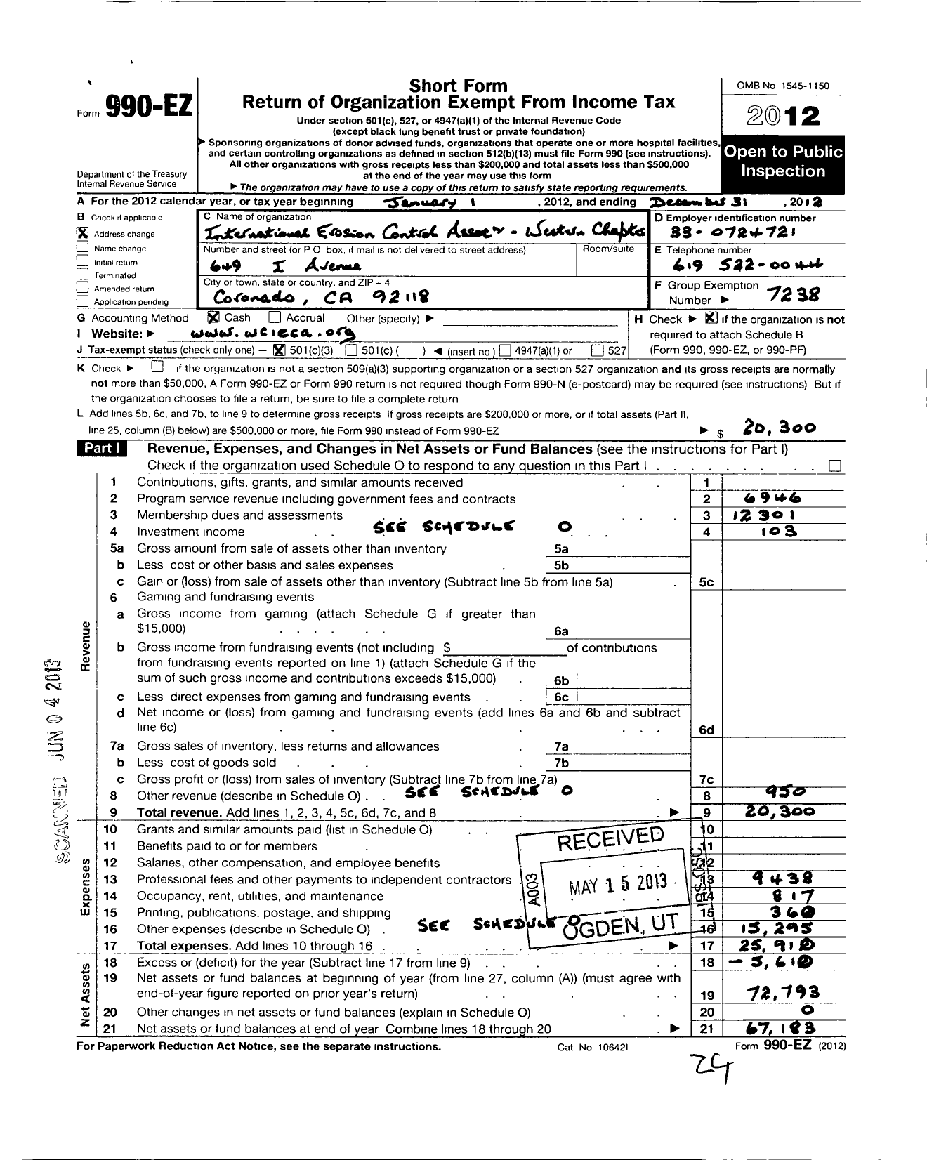 Image of first page of 2012 Form 990EZ for International Erosion Control Association / Western Chapter Ieca