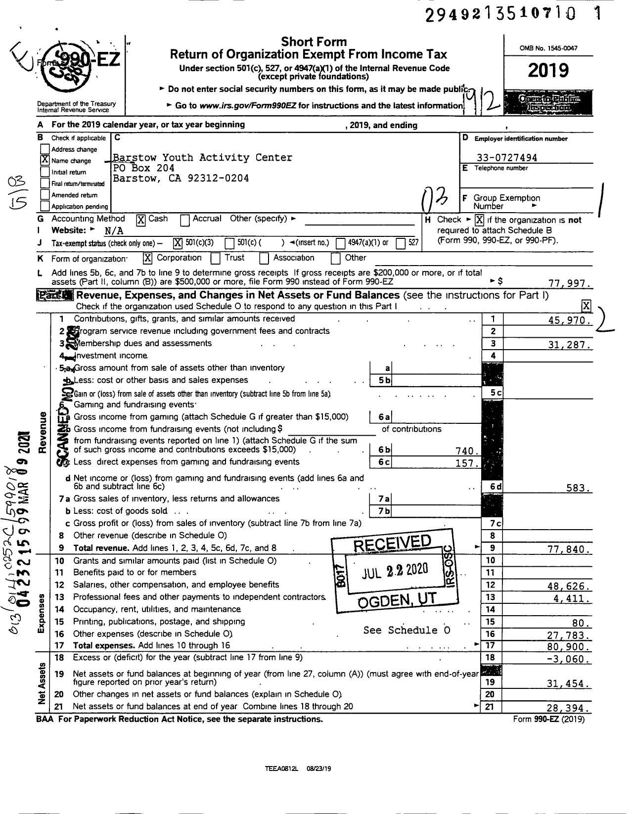 Image of first page of 2019 Form 990EZ for Barstow Youth Activity Center