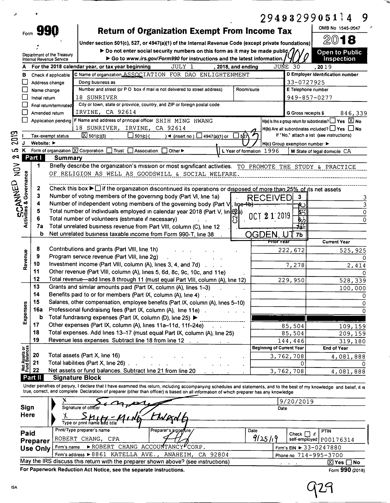 Image of first page of 2018 Form 990 for Association for Dao Enlightenment