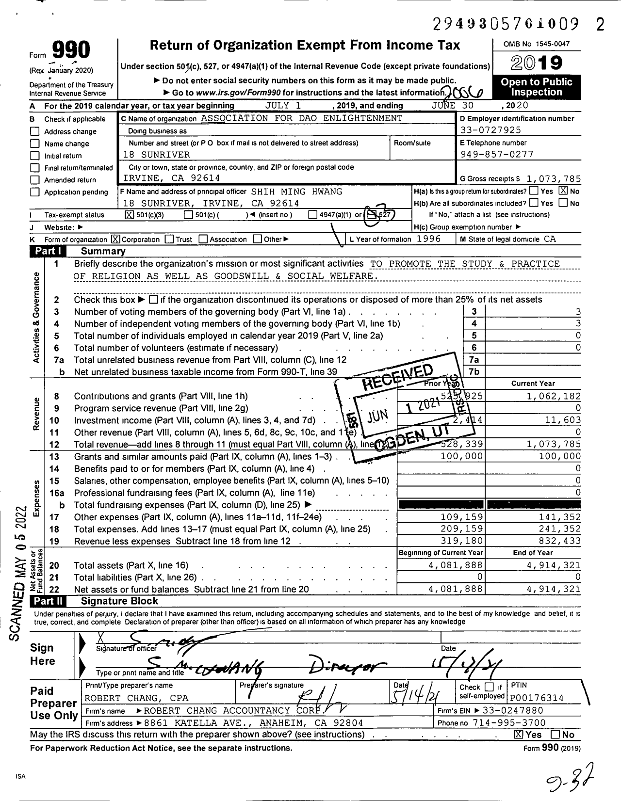 Image of first page of 2019 Form 990 for Association for Dao Enlightenment