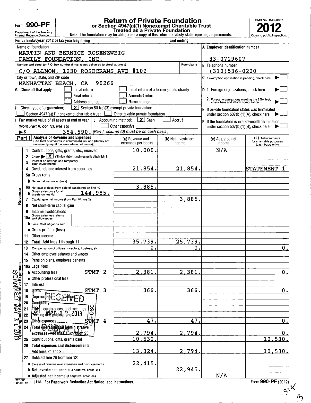 Image of first page of 2012 Form 990PF for Martin and Bernice Rosenzweig Family Foundation