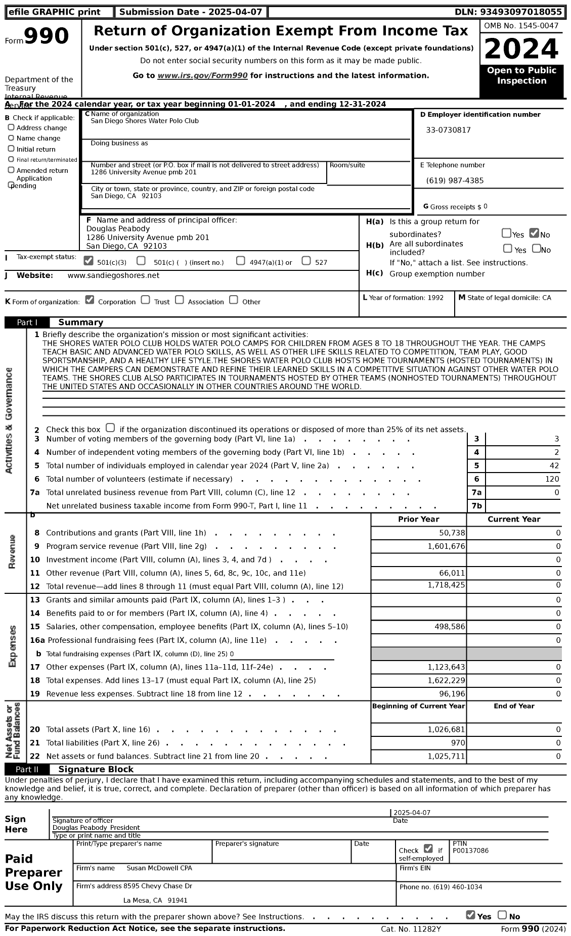 Image of first page of 2024 Form 990 for San Diego Shores Water Polo Club