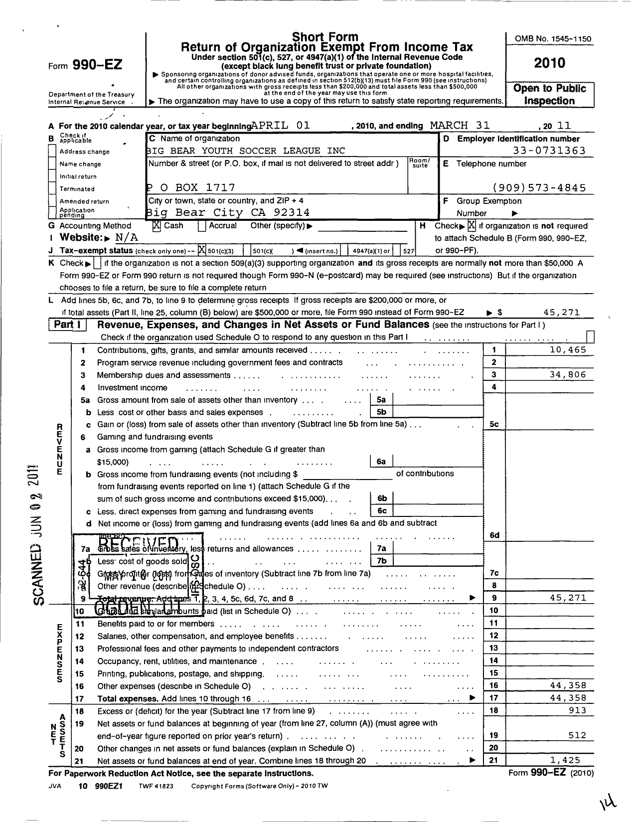 Image of first page of 2010 Form 990EZ for Big Bear Valley Youth Soccer League