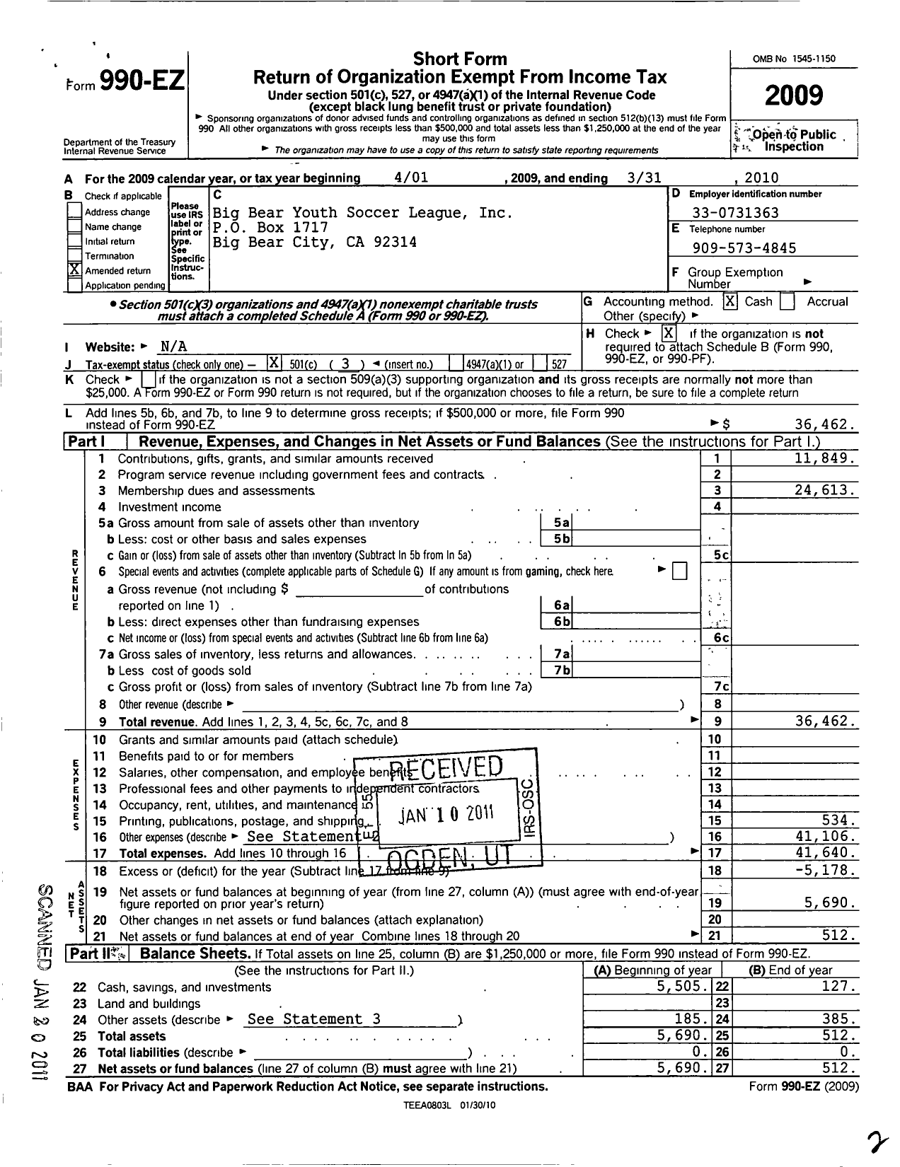 Image of first page of 2009 Form 990EZ for Big Bear Valley Youth Soccer League