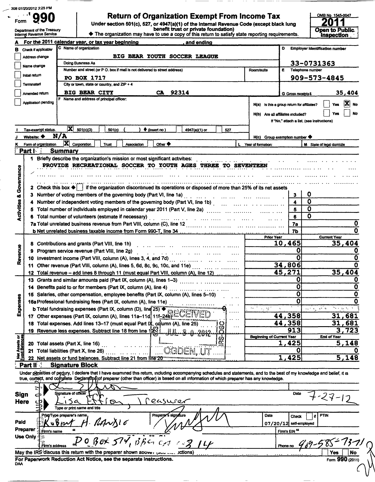 Image of first page of 2011 Form 990 for Big Bear Valley Youth Soccer League