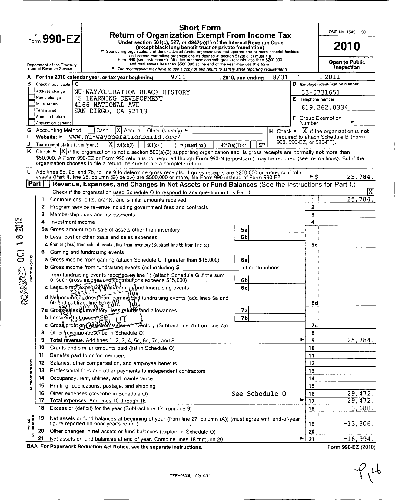 Image of first page of 2010 Form 990EZ for Nu-Way Operation Black History Is Learning Development