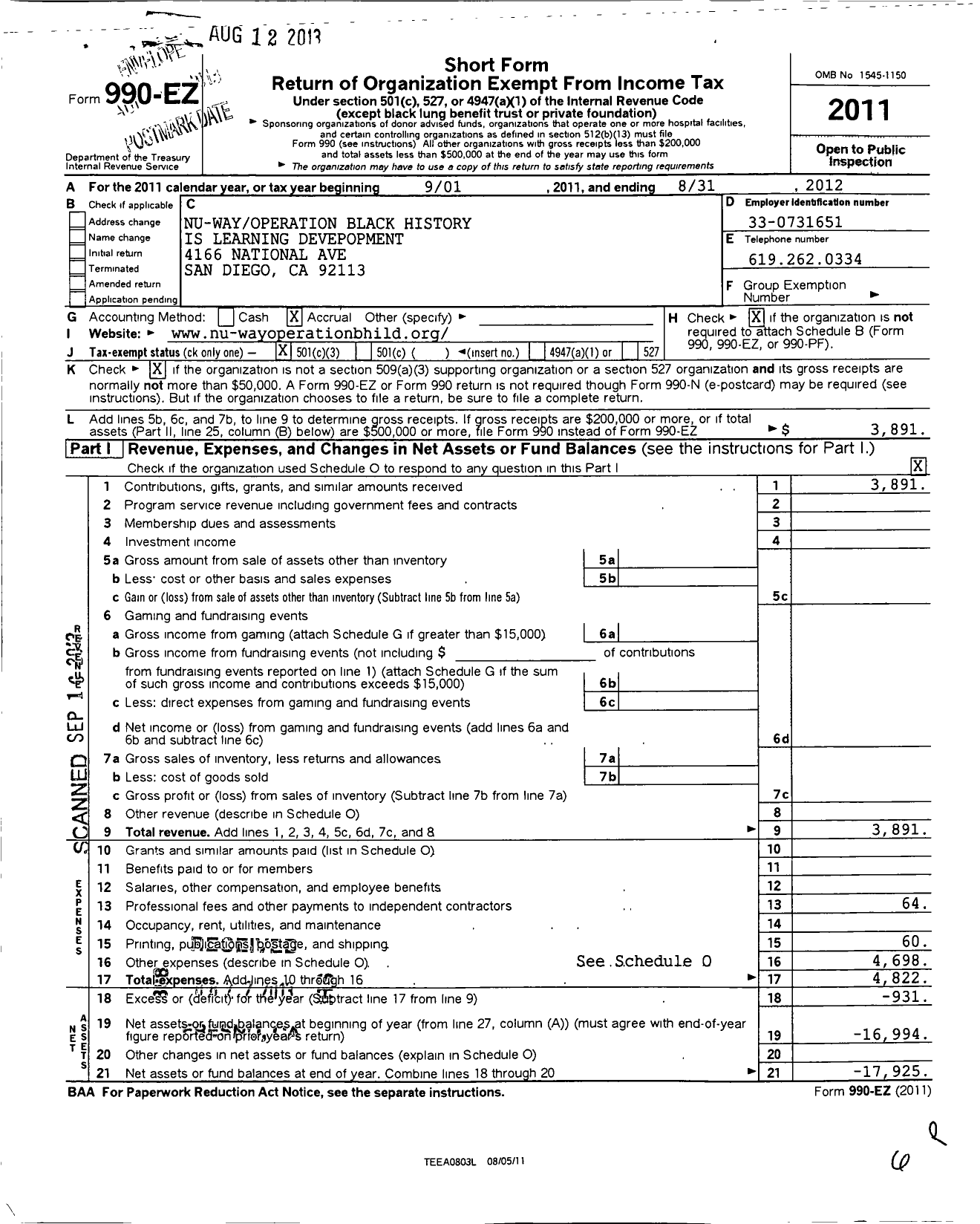 Image of first page of 2011 Form 990EZ for Nu-Way Operation Black History Is Learning Development