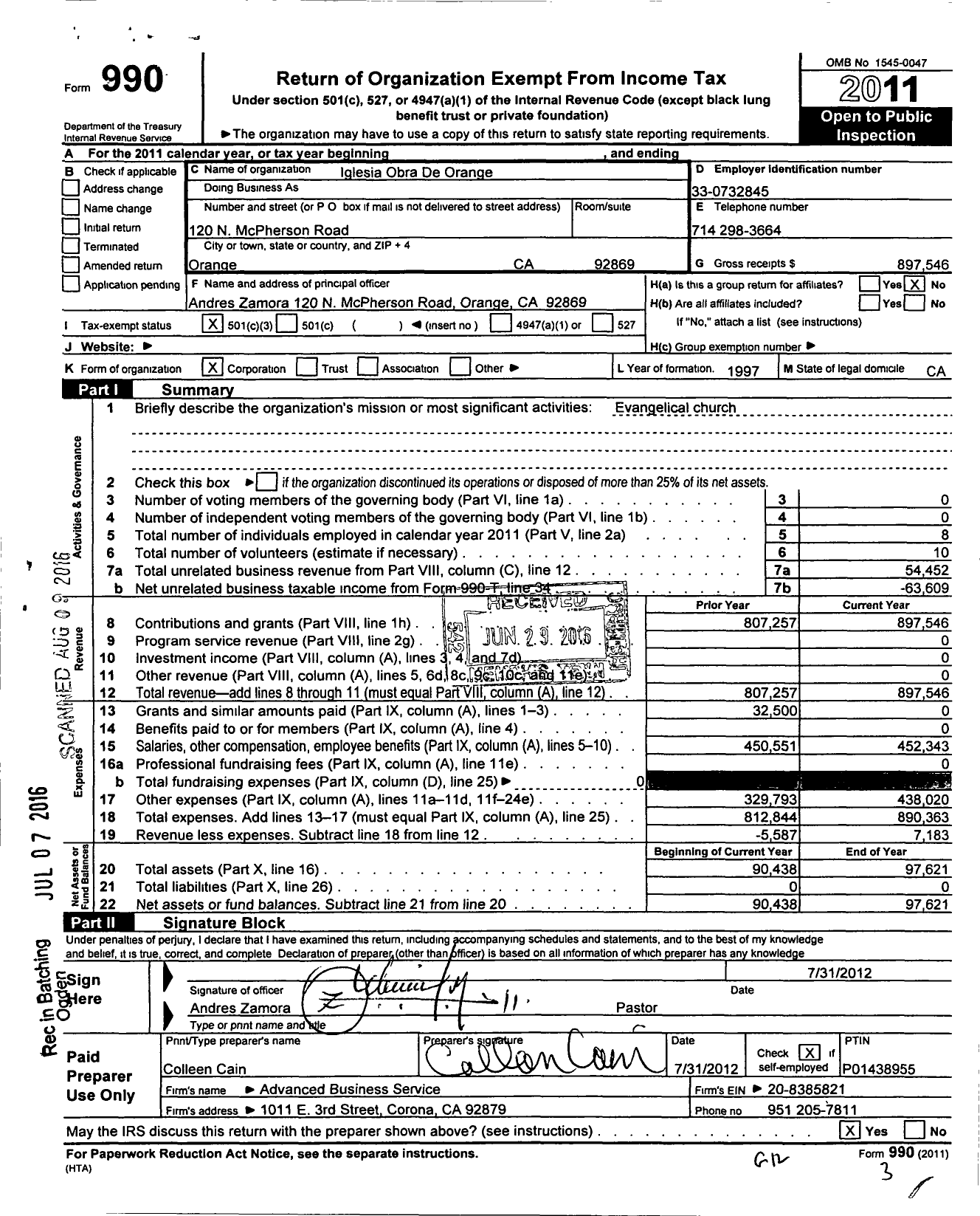 Image of first page of 2011 Form 990 for Iglesia Obra De Orange