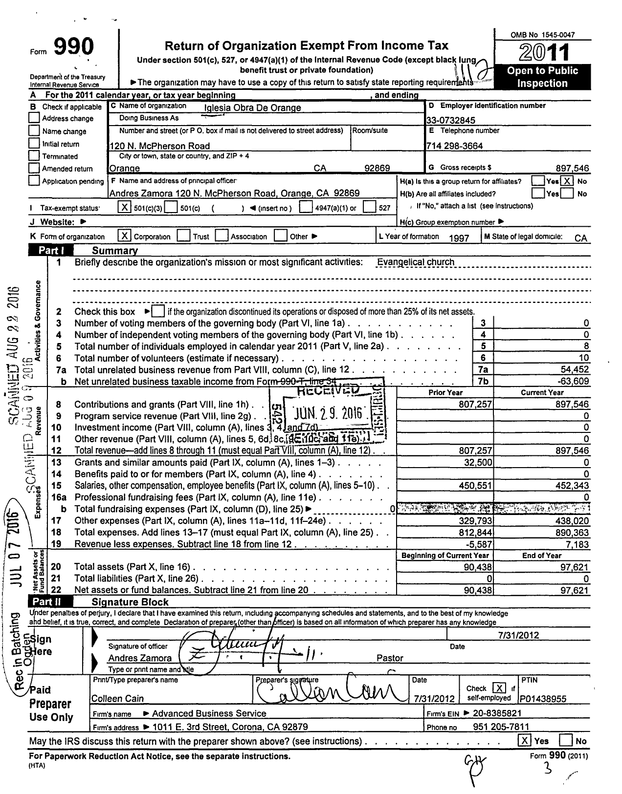 Image of first page of 2011 Form 990 for Iglesia Obra De Orange