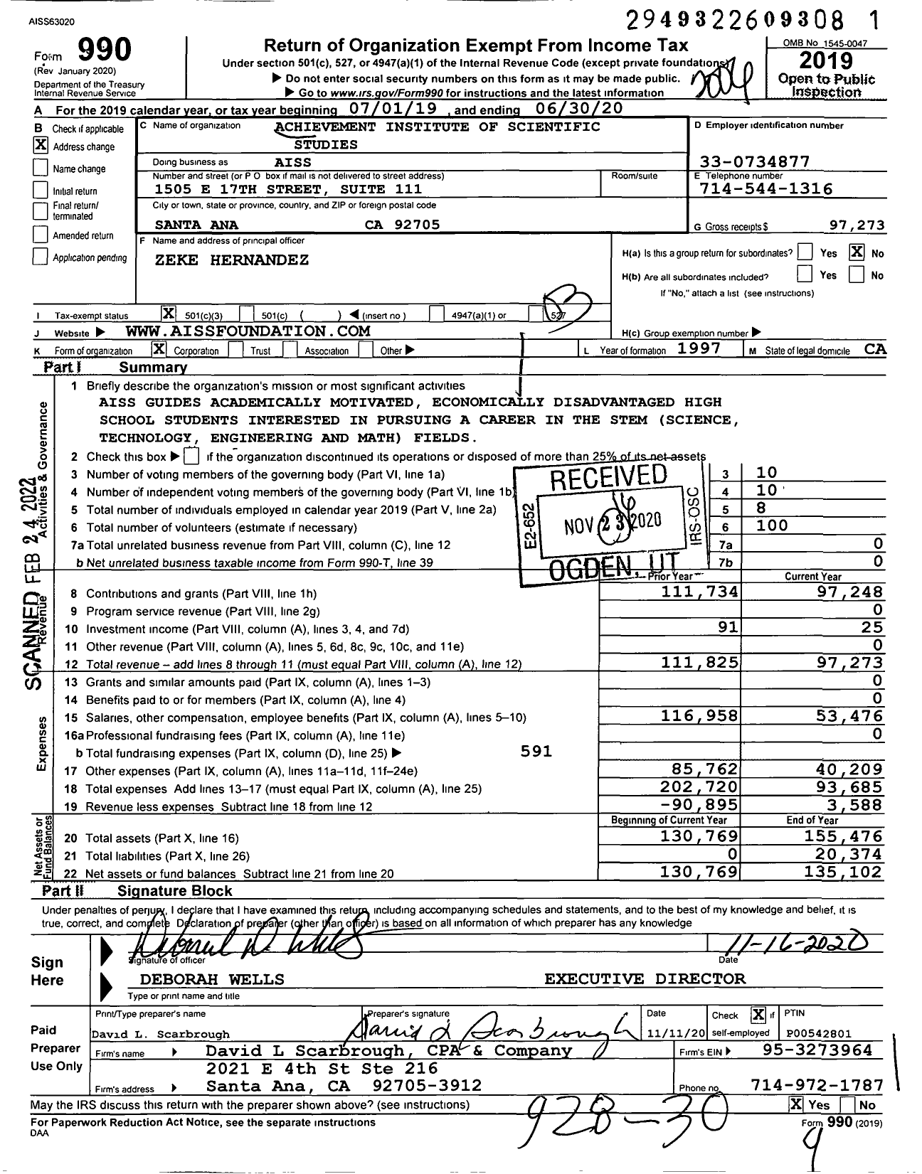 Image of first page of 2019 Form 990 for AISS AISS Foundation Achievement Institute and Achievement Institute of Scientific Studies