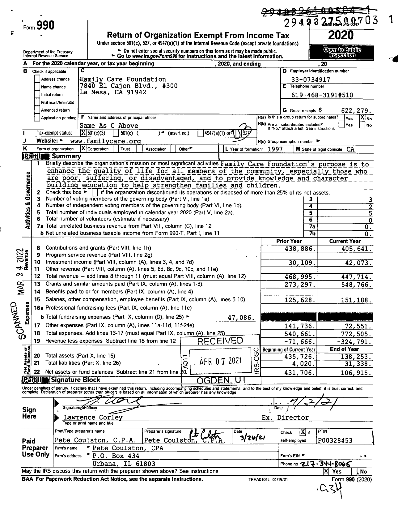 Image of first page of 2020 Form 990 for Family Care Foundation