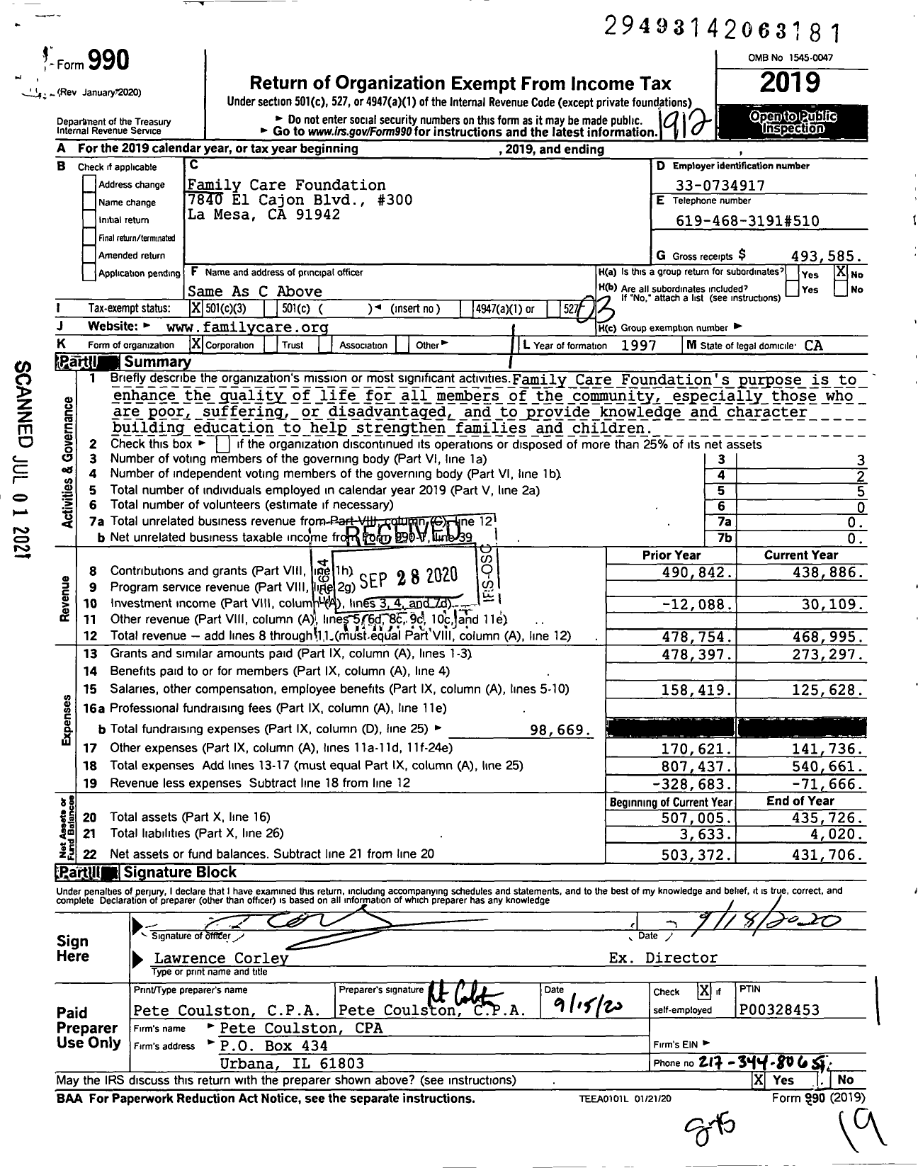 Image of first page of 2019 Form 990 for Family Care Foundation