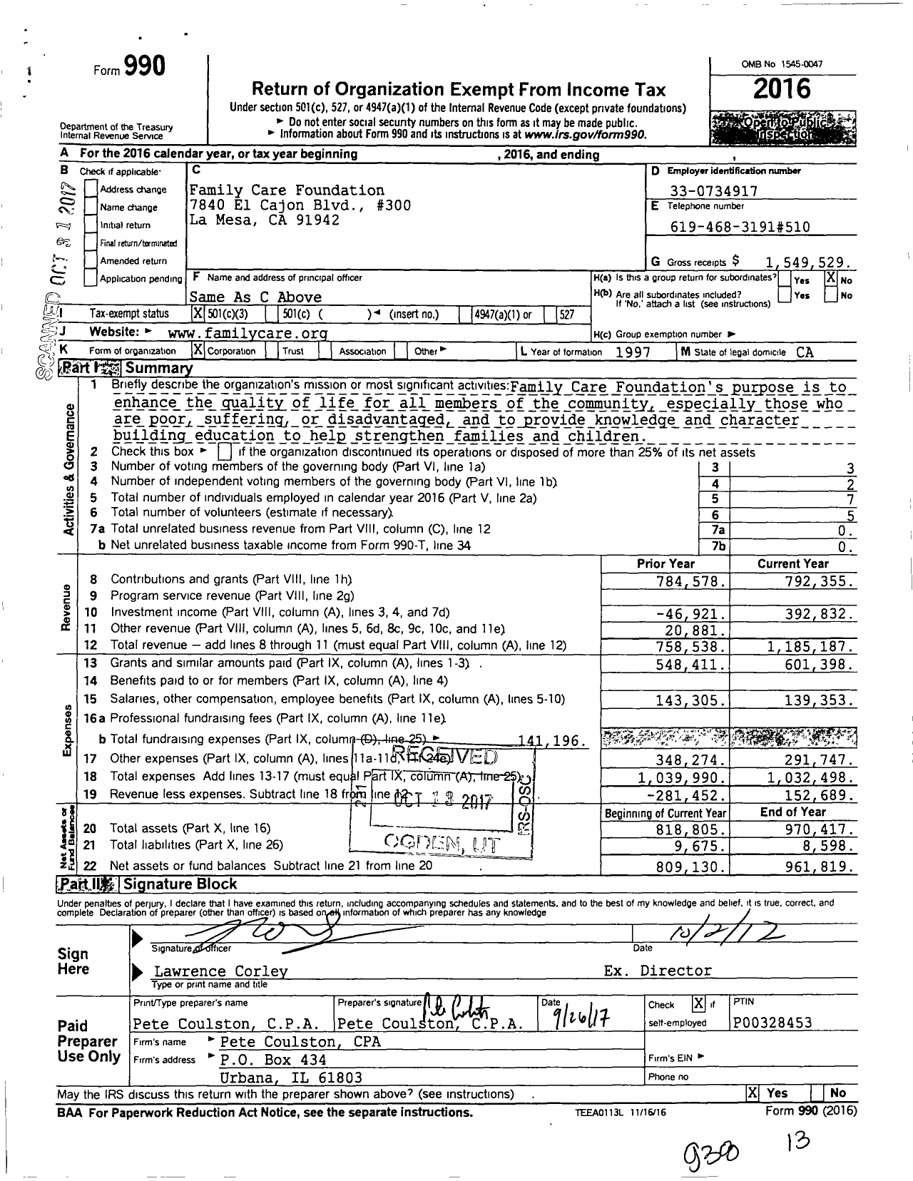 Image of first page of 2016 Form 990 for Family Care Foundation