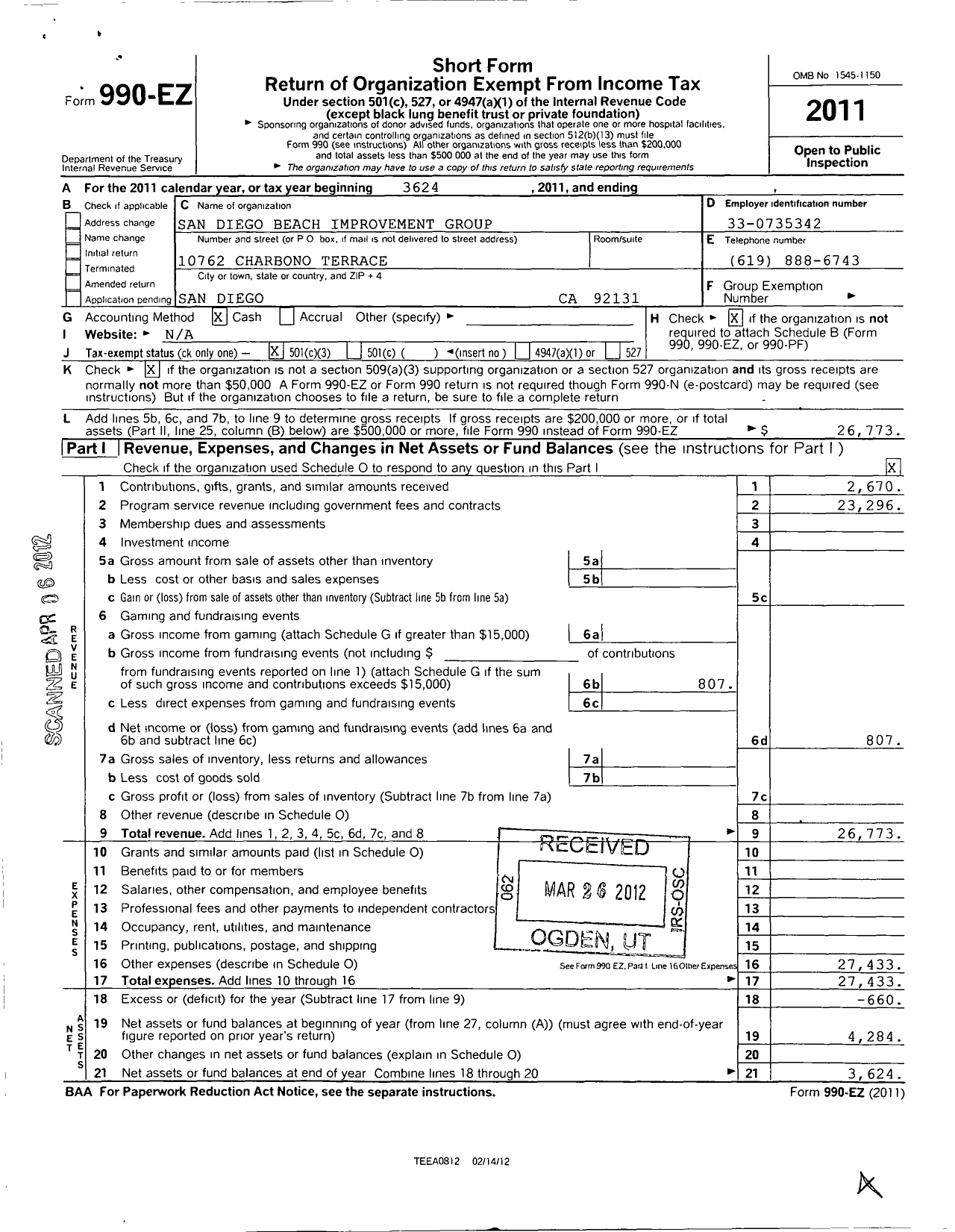 Image of first page of 2011 Form 990EZ for San Diego Beach Improvement Group A California Nonprofit Public