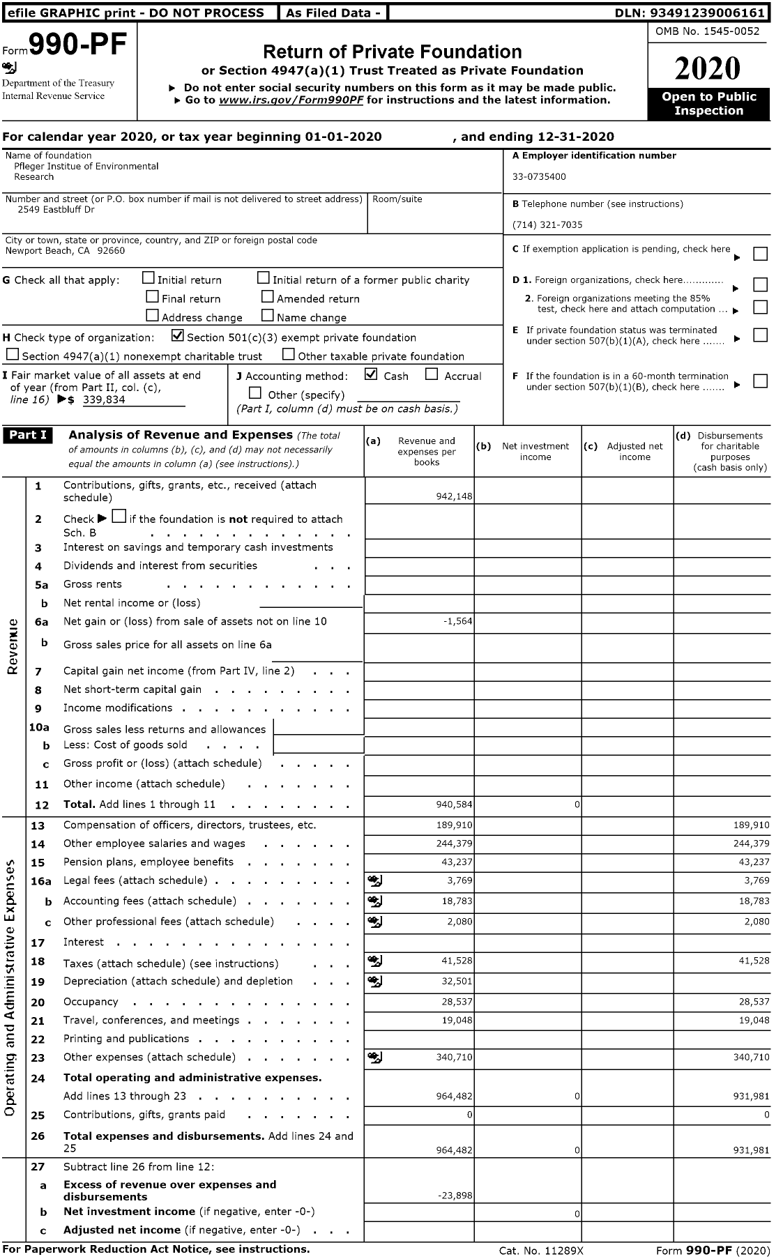 Image of first page of 2020 Form 990PF for Pfleger Institue of Environmental Research