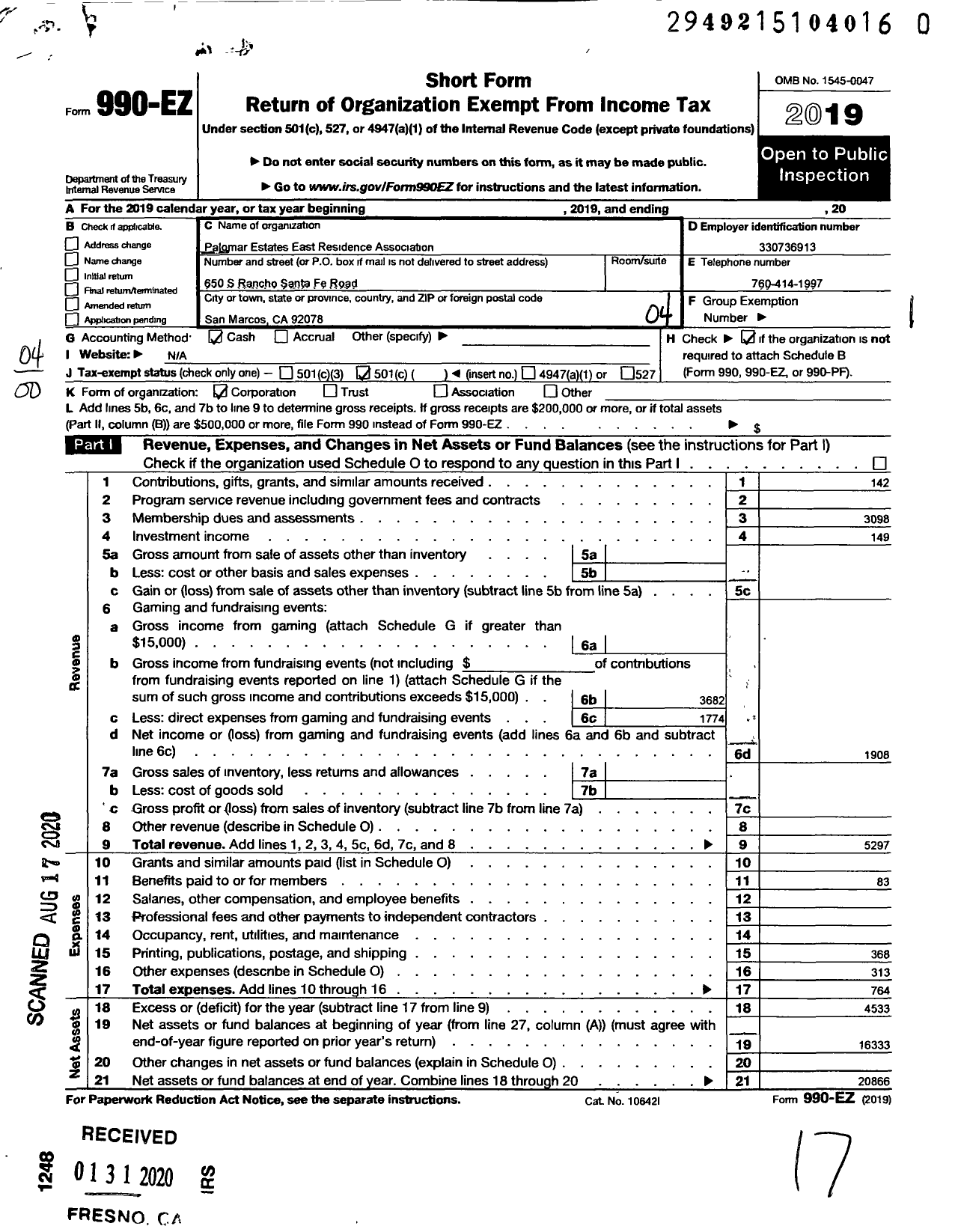 Image of first page of 2019 Form 990EO for Palomar Estates East Residents Assc