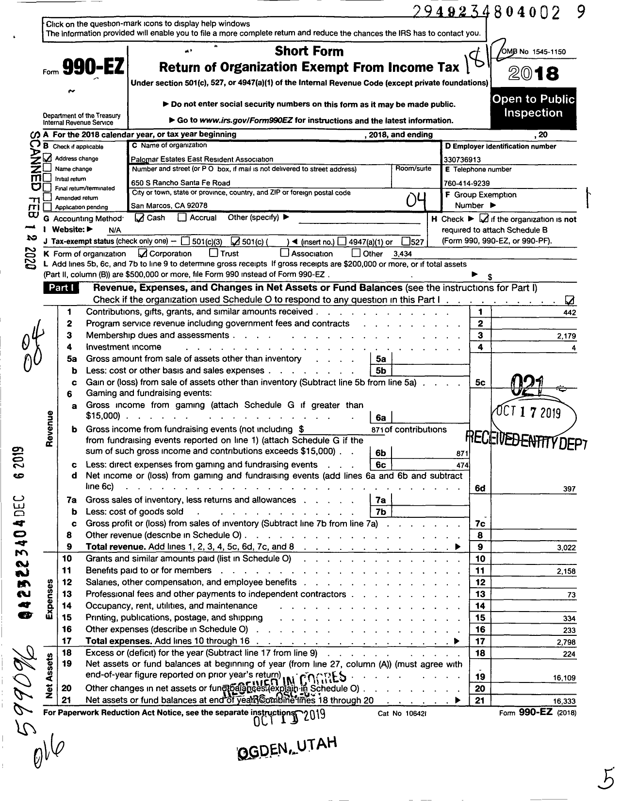 Image of first page of 2018 Form 990EO for Palomar Estates East Residents Assc