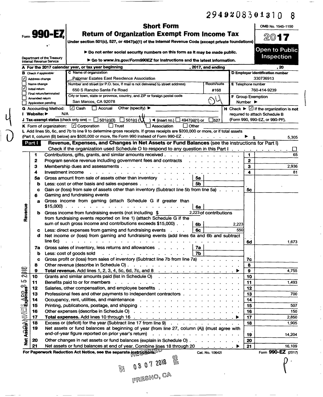 Image of first page of 2017 Form 990EO for Palomar Estates East Residents Assc