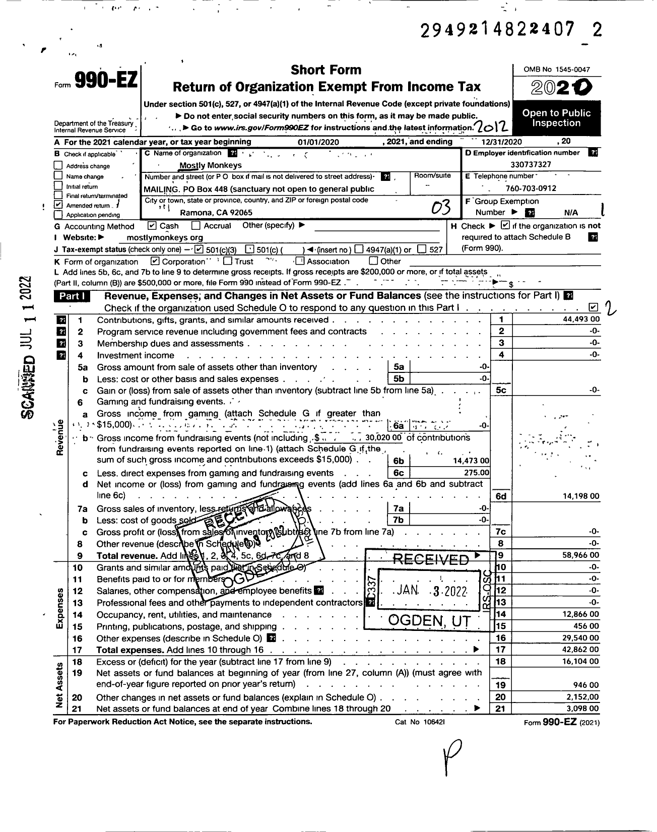 Image of first page of 2020 Form 990EZ for Mostly Monkeys