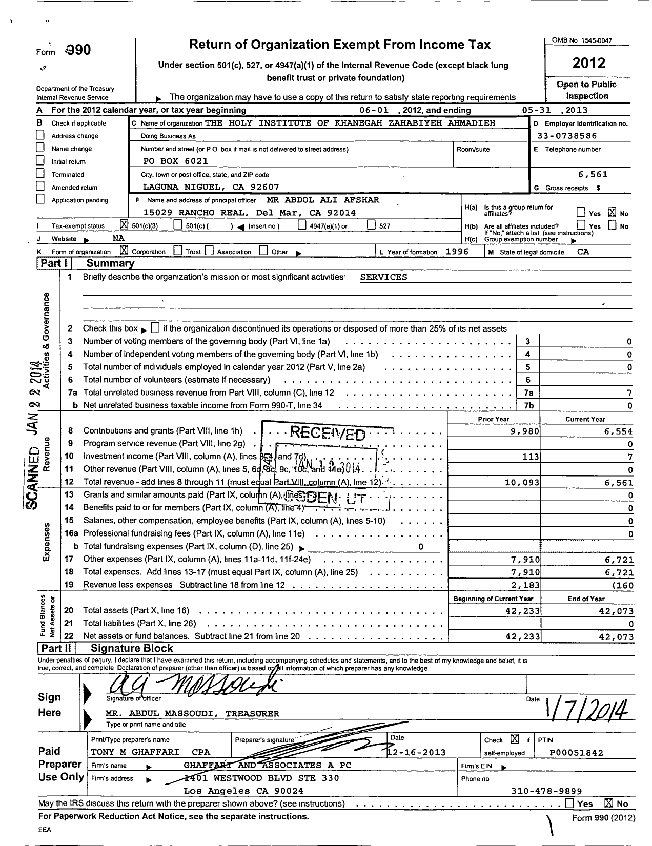 Image of first page of 2012 Form 990 for The Holy Institute of Khanegah Zahabiyeh Ahmadieh