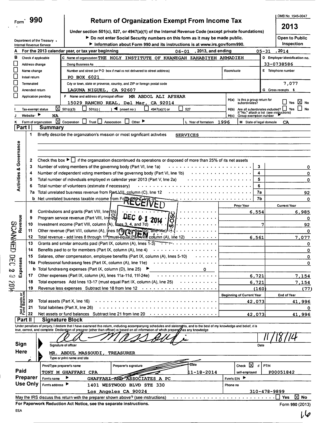 Image of first page of 2013 Form 990 for The Holy Institute of Khanegah Zahabiyeh Ahmadieh