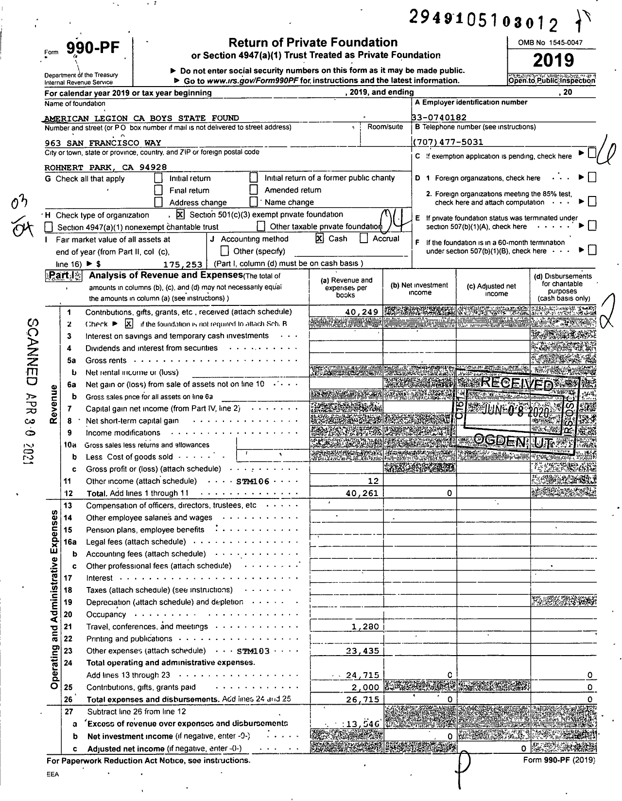 Image of first page of 2019 Form 990PF for The California Boys & Girls State Foundation