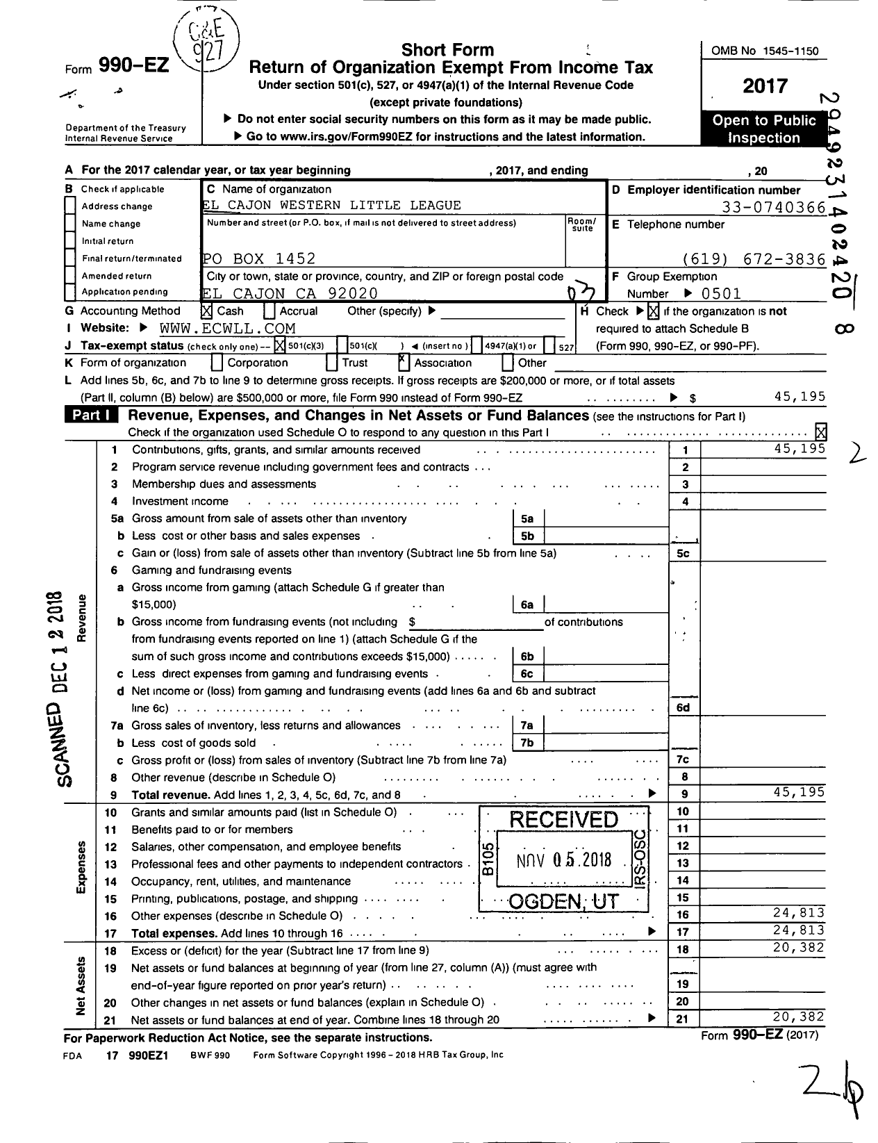 Image of first page of 2017 Form 990EZ for Little League Baseball / 4054106 Cajon Western LL