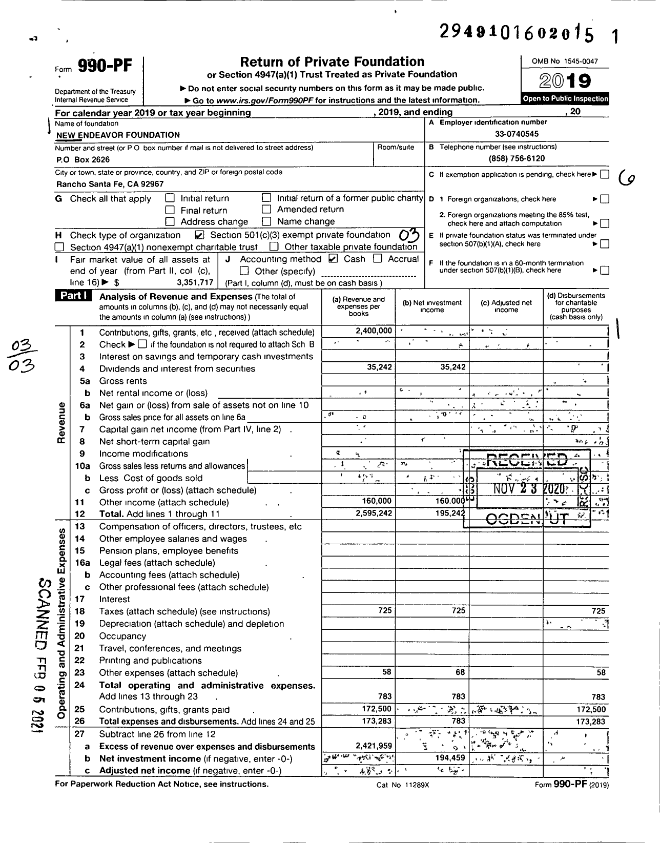 Image of first page of 2019 Form 990PF for New Endeavor Foundation