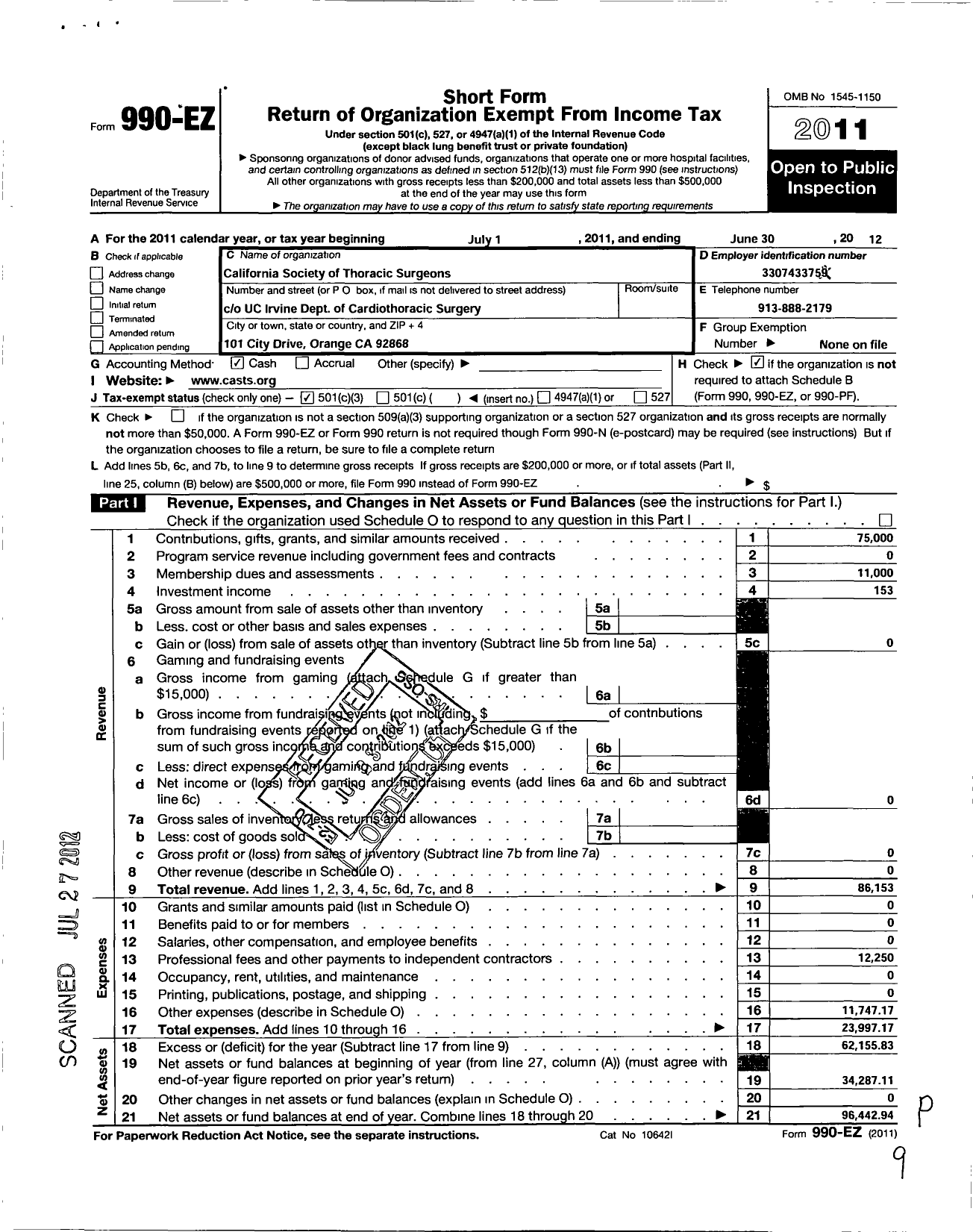 Image of first page of 2011 Form 990EZ for California Society of Thoracic Surgeons