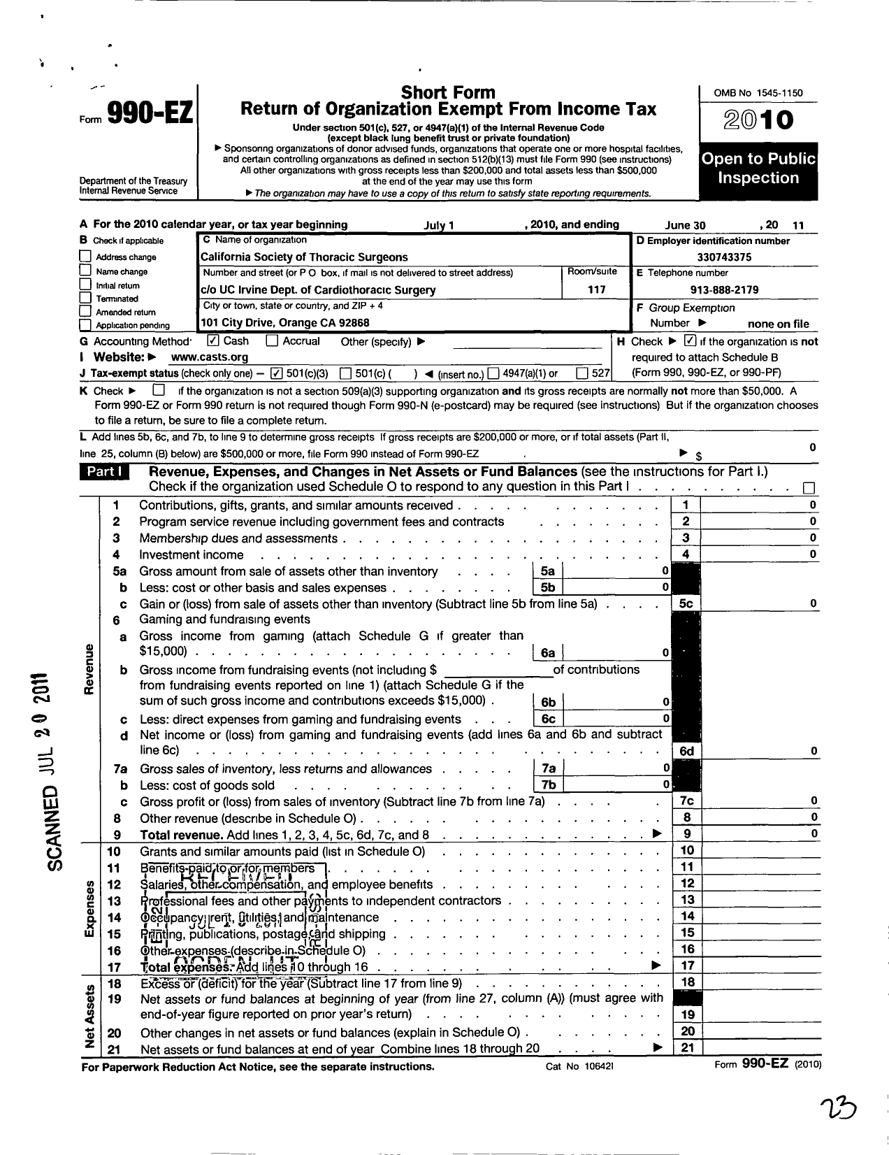 Image of first page of 2010 Form 990EZ for California Society of Thoracic Surgeons