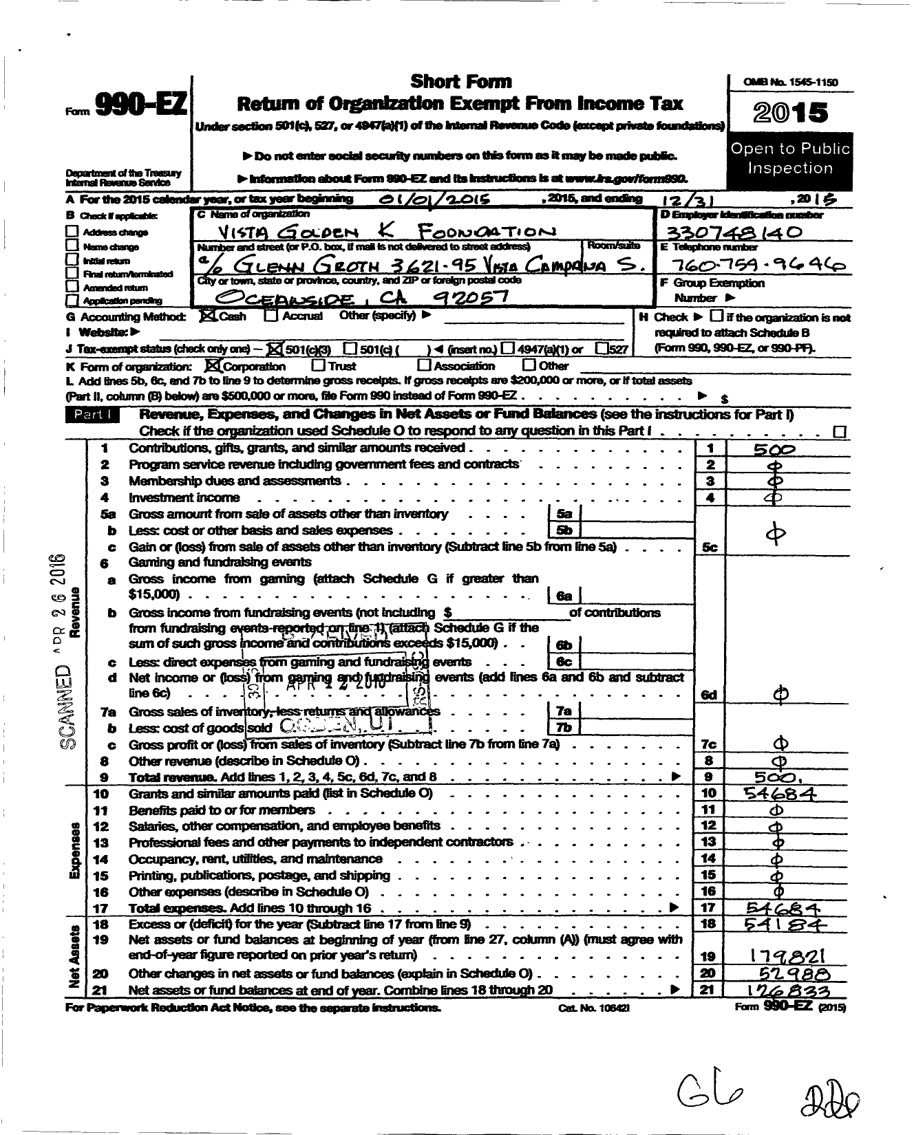 Image of first page of 2015 Form 990EZ for Vista Golden K Foundation