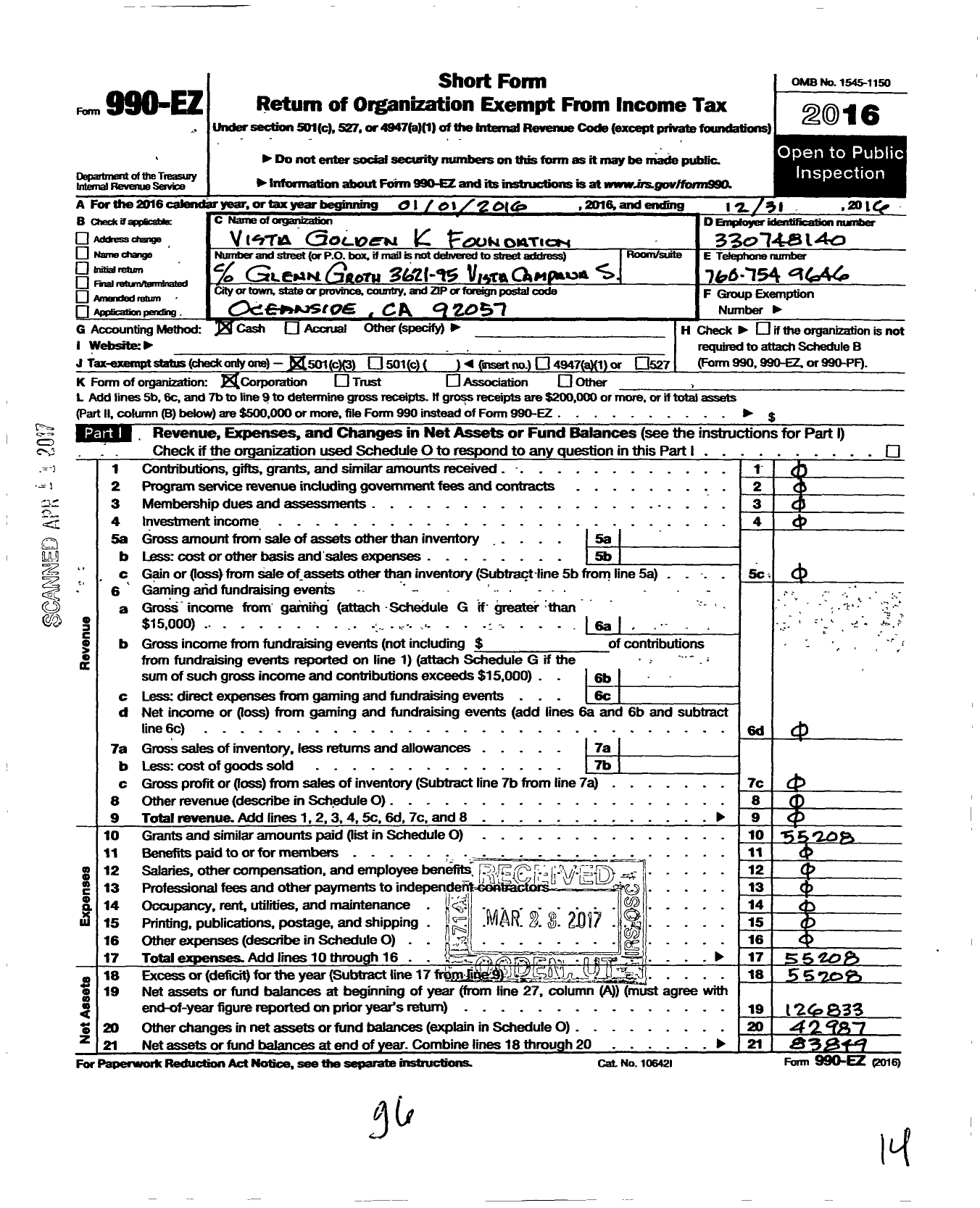 Image of first page of 2016 Form 990EZ for Vista Golden K Foundation