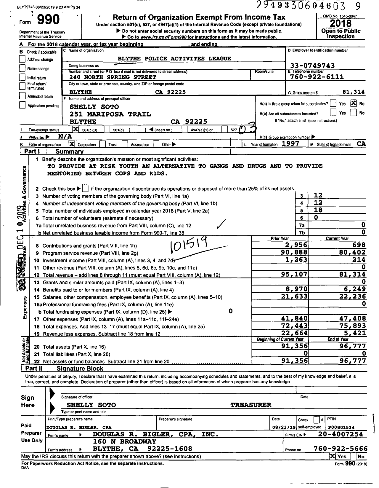 Image of first page of 2018 Form 990 for Blythe Police Activities League