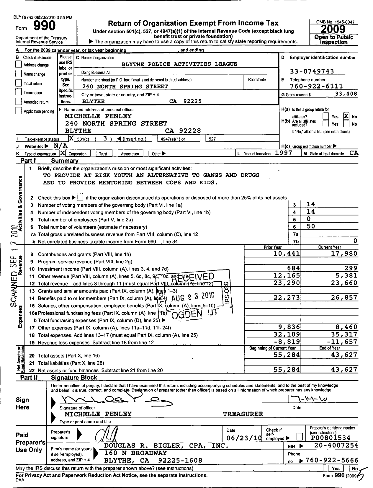 Image of first page of 2009 Form 990 for Blythe Police Activities League