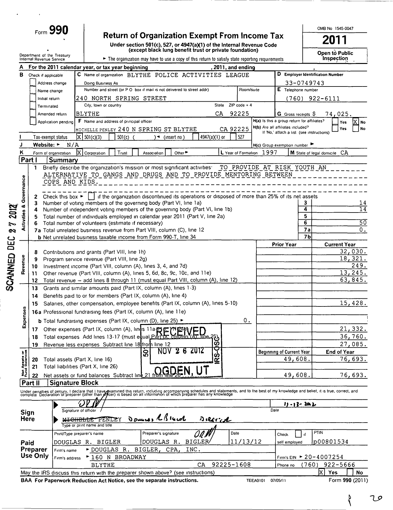 Image of first page of 2011 Form 990 for Blythe Police Activities League