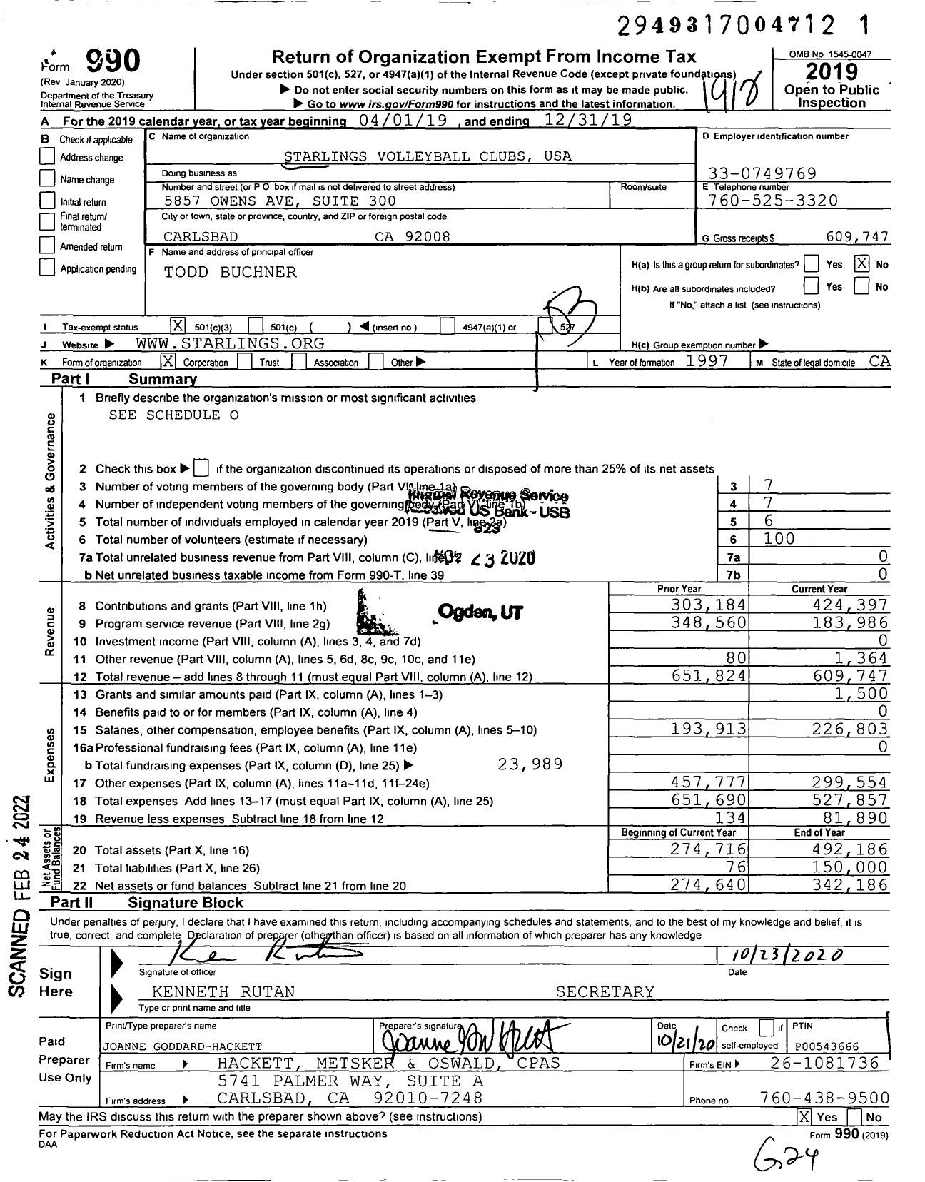 Image of first page of 2019 Form 990 for Starlings Volleyball USA