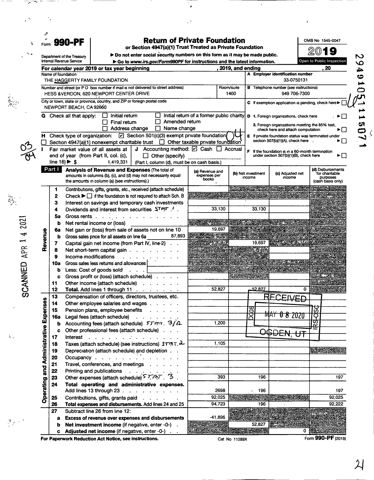 Image of first page of 2019 Form 990PF for Haggerty Family Foundation