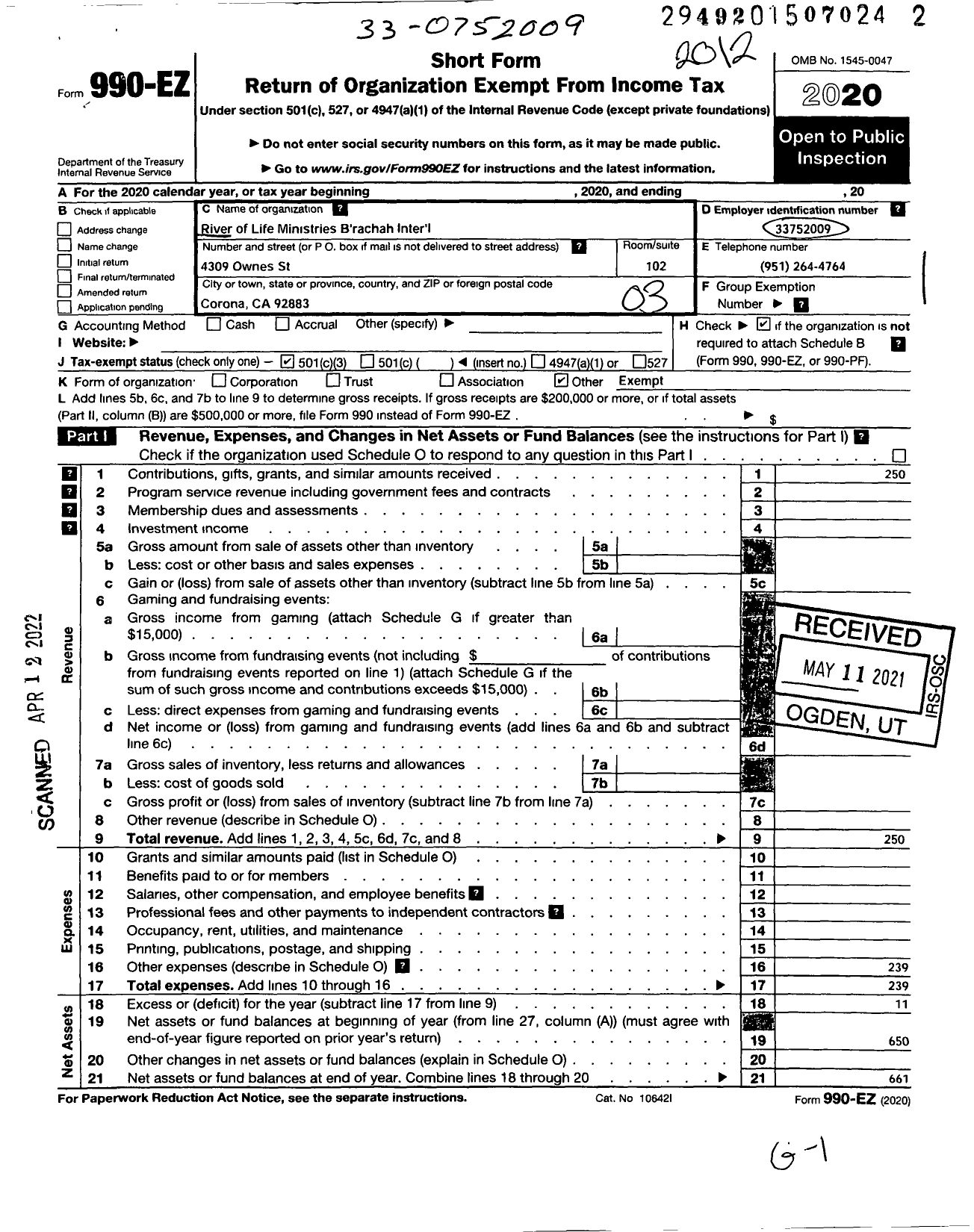 Image of first page of 2020 Form 990EZ for River of Life Ministries Brachah International