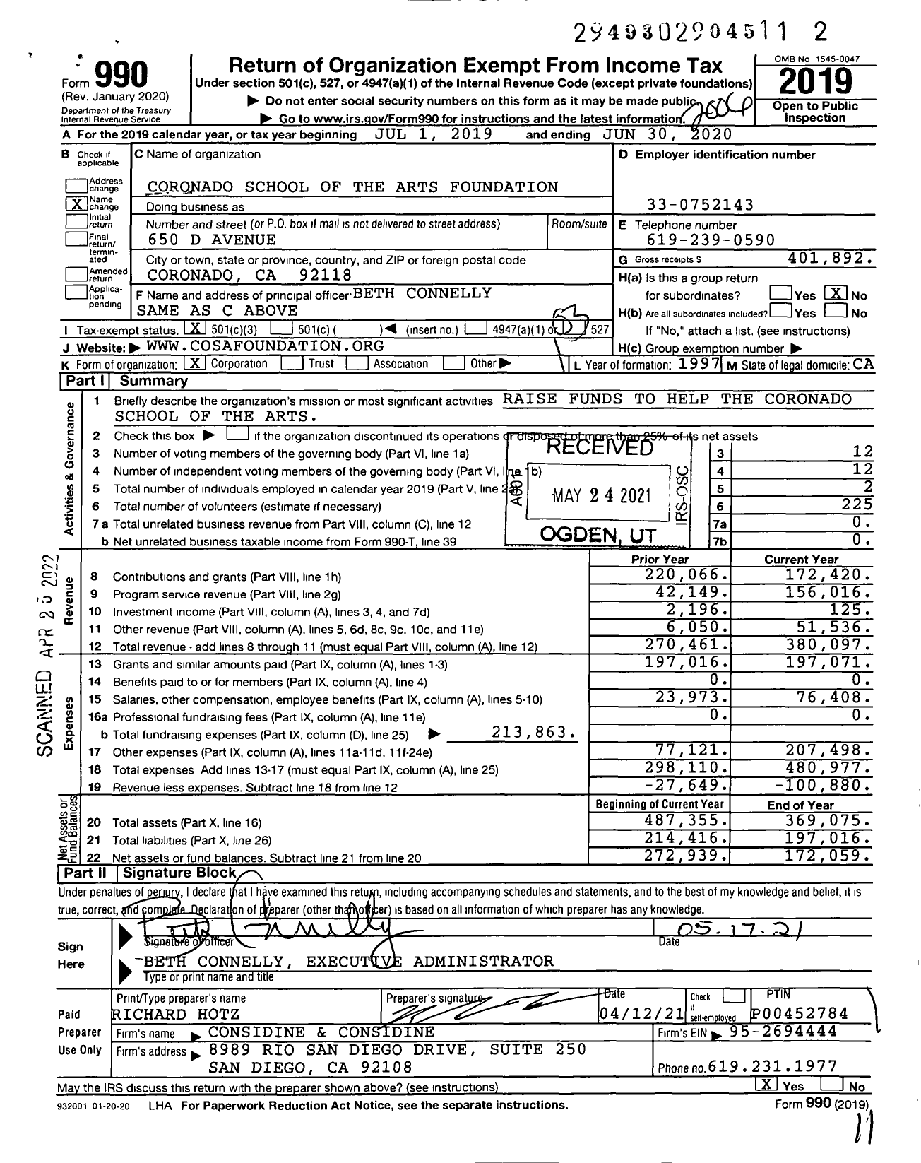 Image of first page of 2019 Form 990 for Coronado School of the Arts Foundation