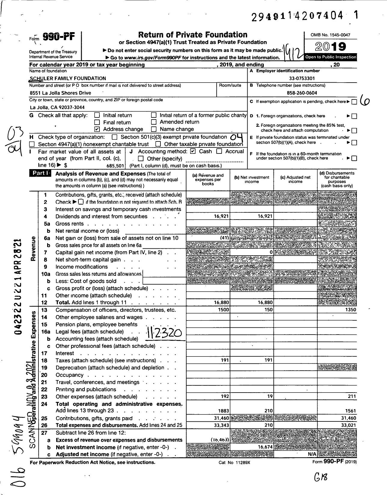 Image of first page of 2019 Form 990PF for Alan and Donna Schuler FAMILY FOUNDATION