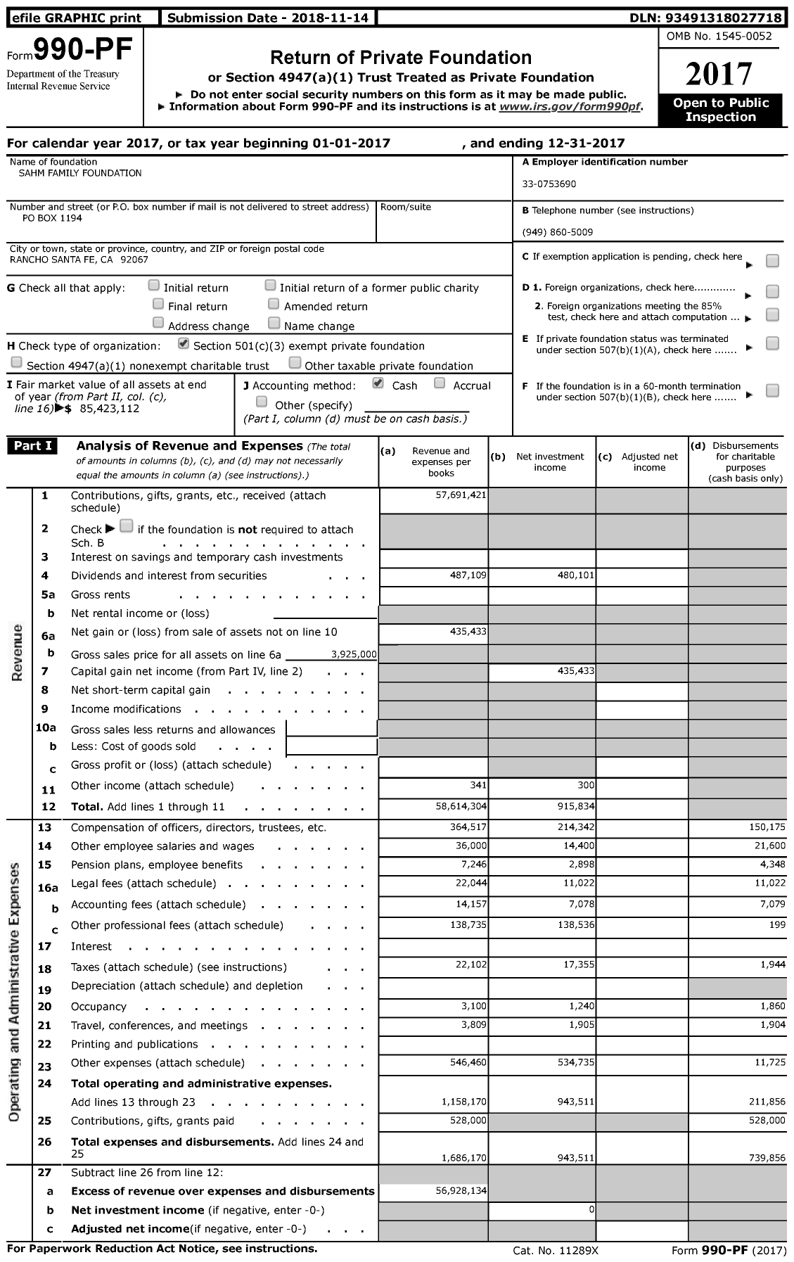 Image of first page of 2017 Form 990PF for Sahm Family Foundation