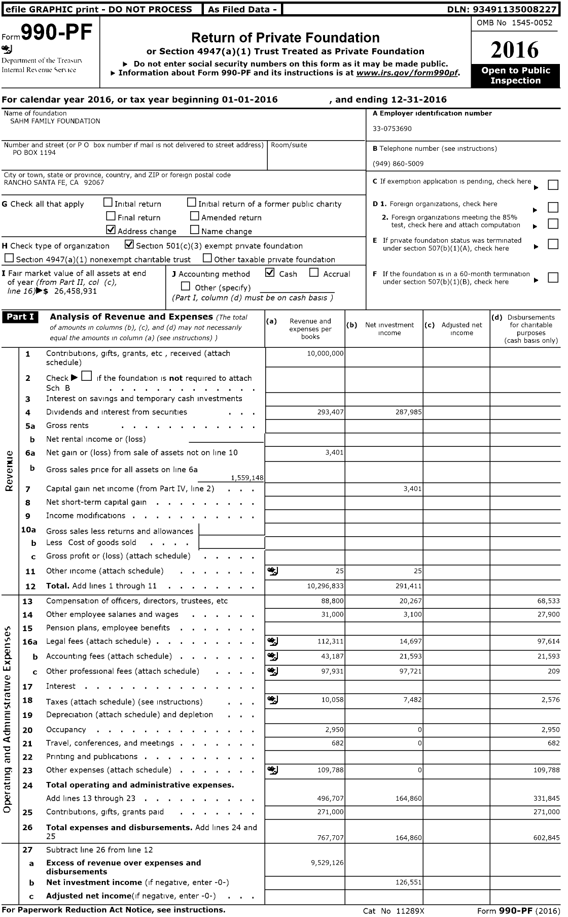 Image of first page of 2016 Form 990PF for Sahm Family Foundation