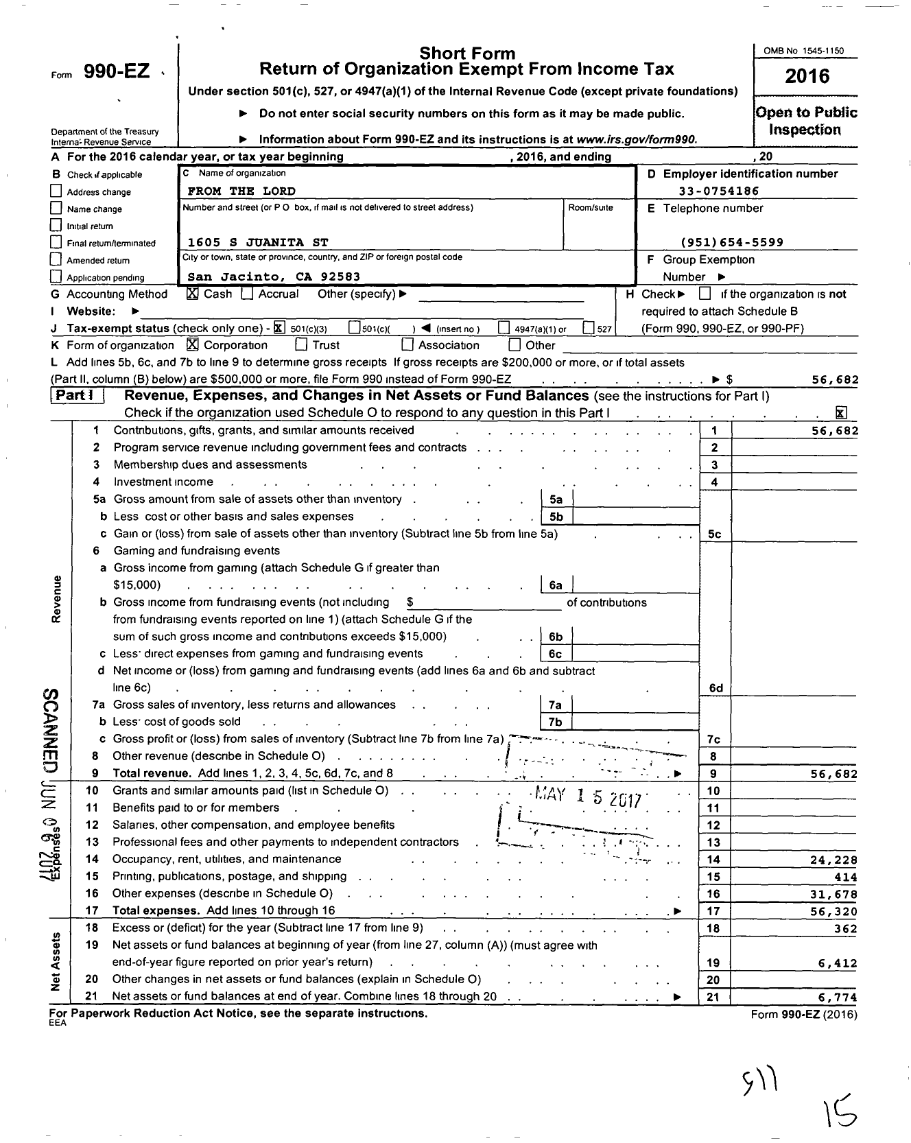 Image of first page of 2016 Form 990EZ for From the Lord