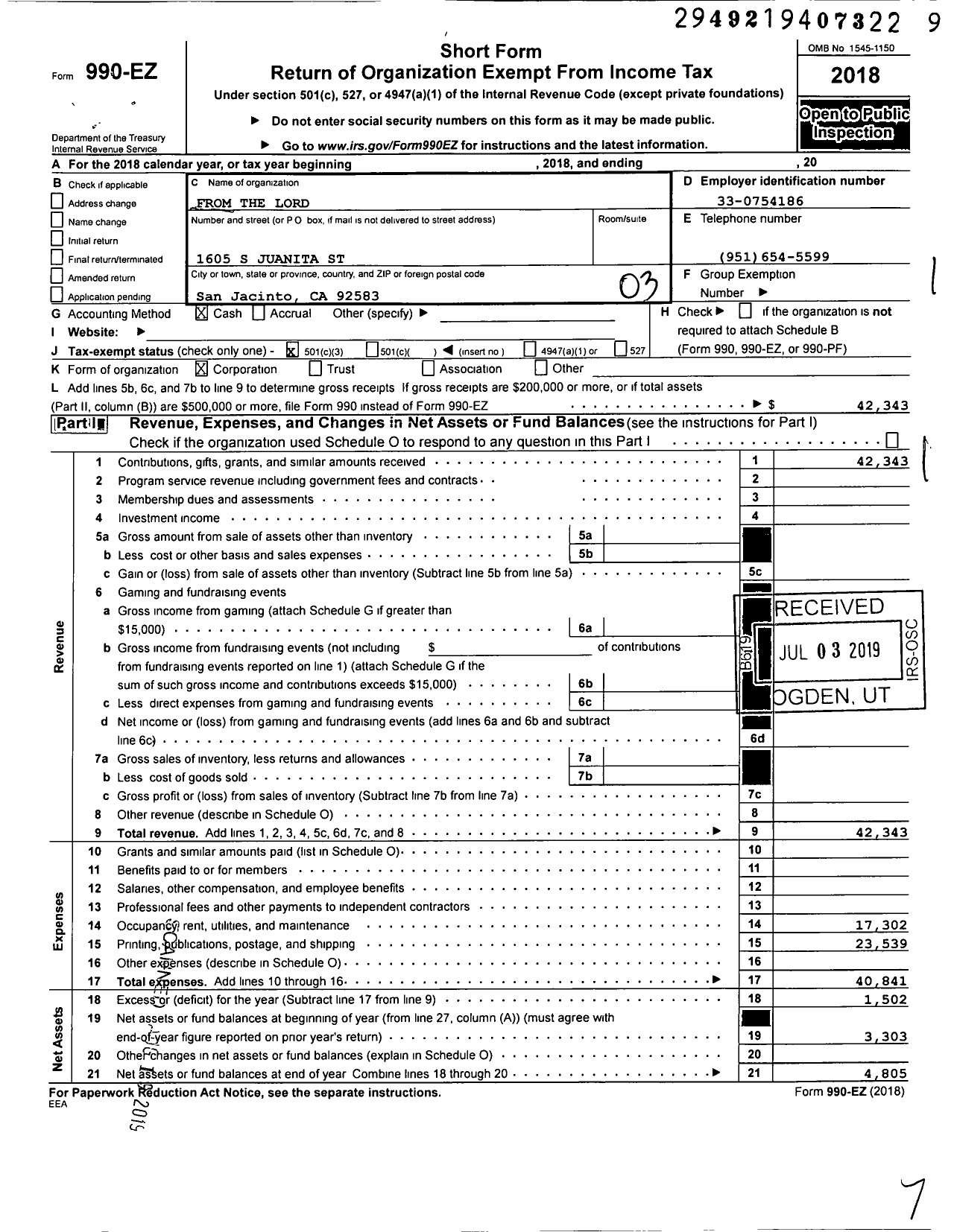 Image of first page of 2018 Form 990EZ for From the Lord