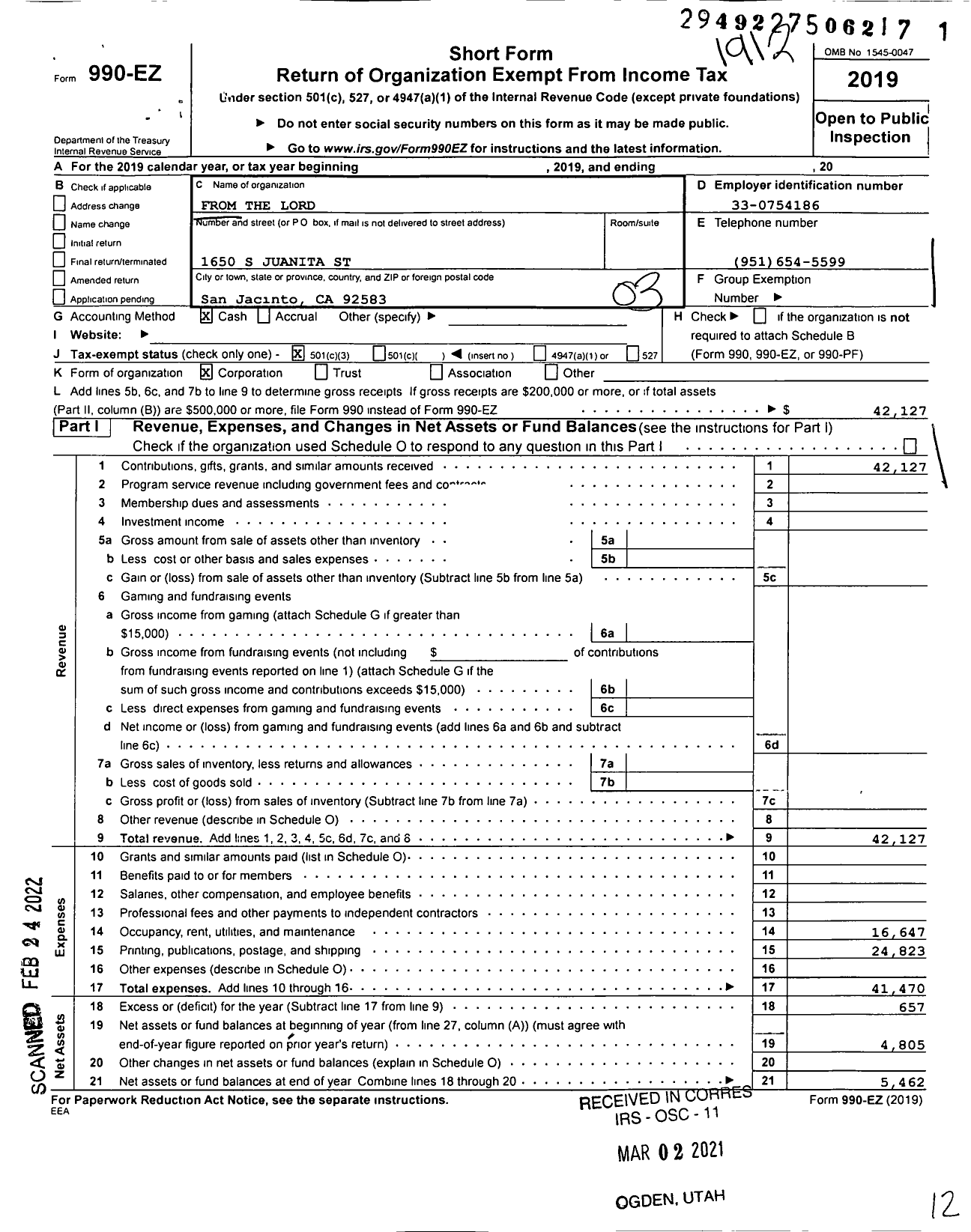 Image of first page of 2019 Form 990EZ for From the Lord