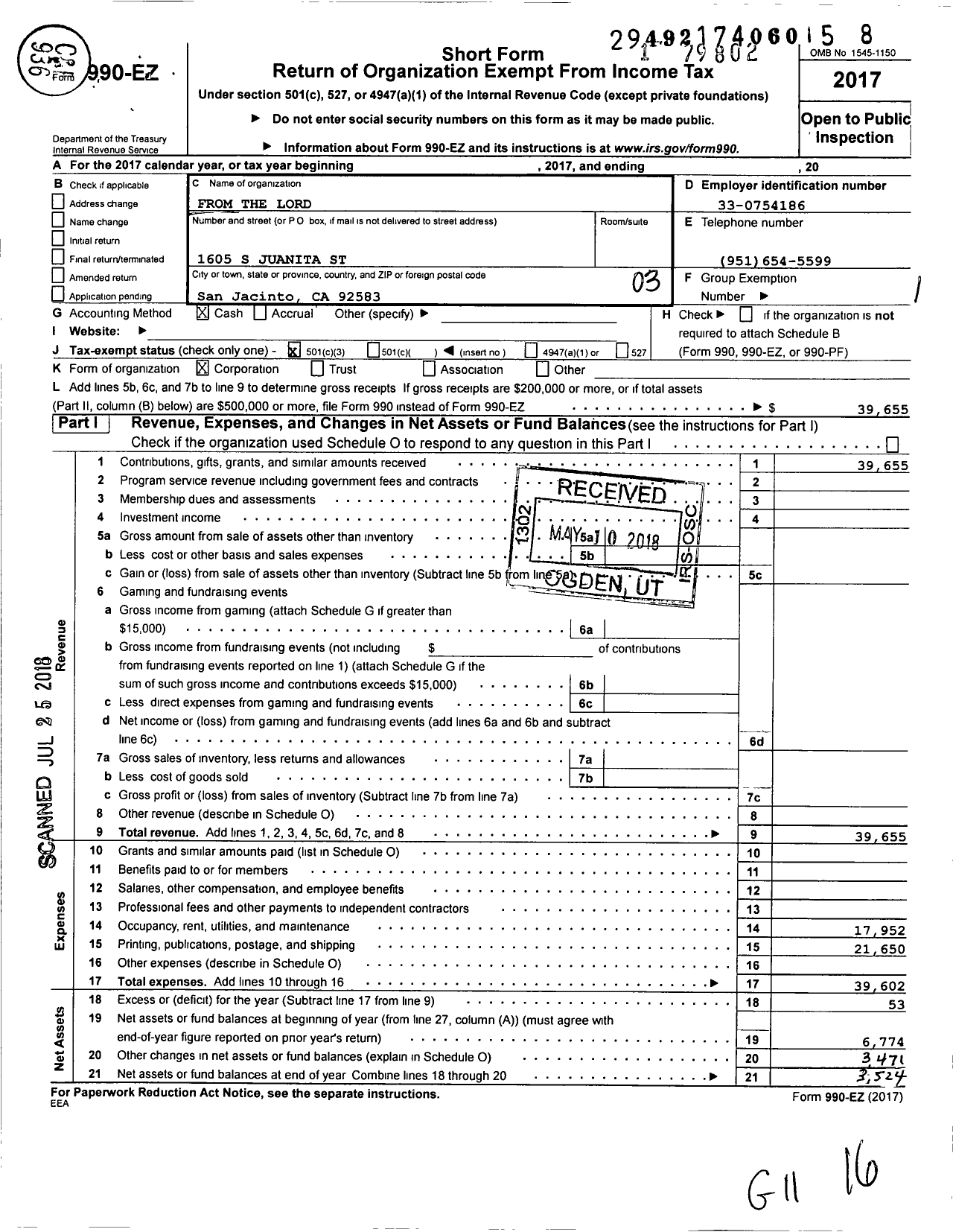 Image of first page of 2017 Form 990EZ for From the Lord