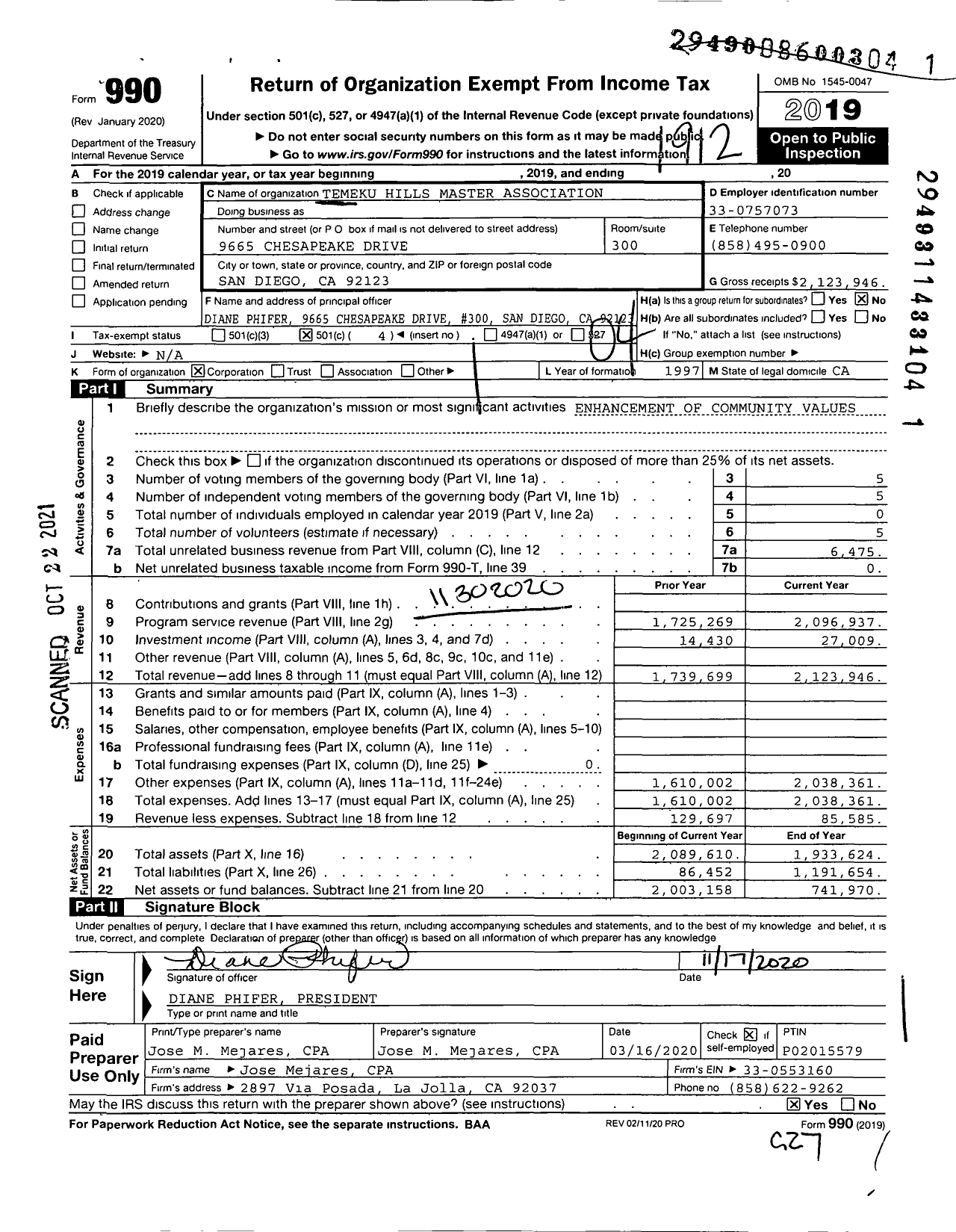 Image of first page of 2019 Form 990O for Temeku Hills Master Association