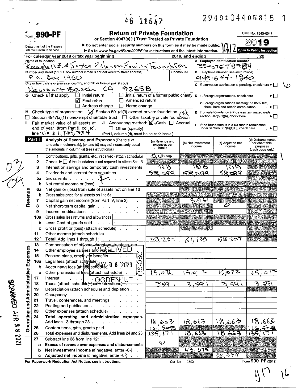 Image of first page of 2019 Form 990PF for The Rondell B and Joyce P Hanson Charitable Foundation