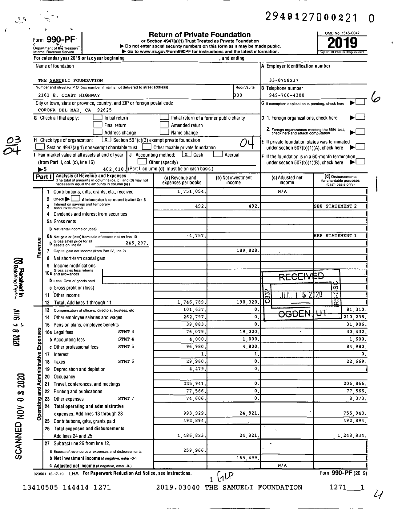 Image of first page of 2019 Form 990PF for The Samueli Foundation